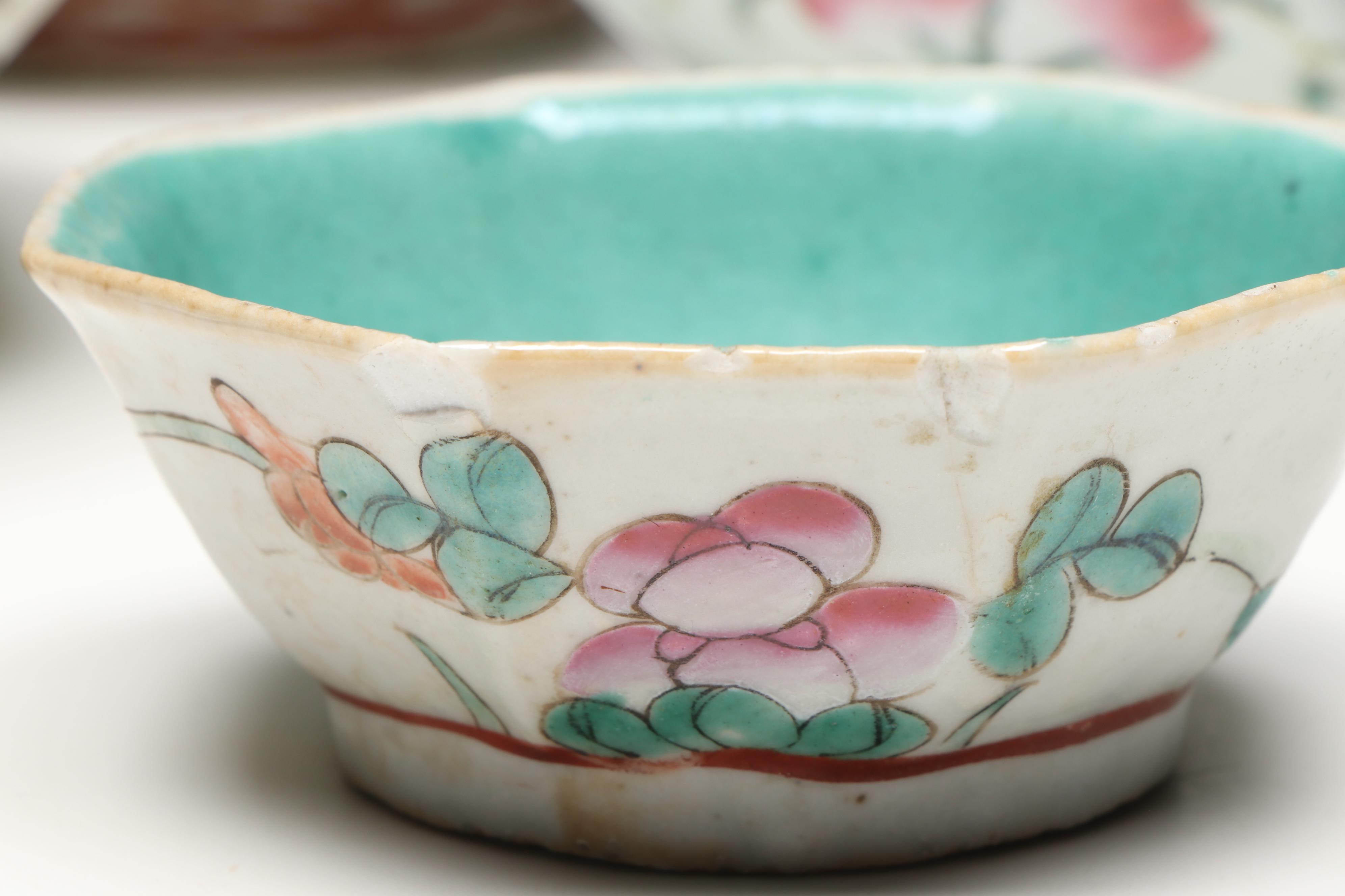 Japanese Porcelain Teaware with Chinese Turquoise Interior Famille Rose Bowls