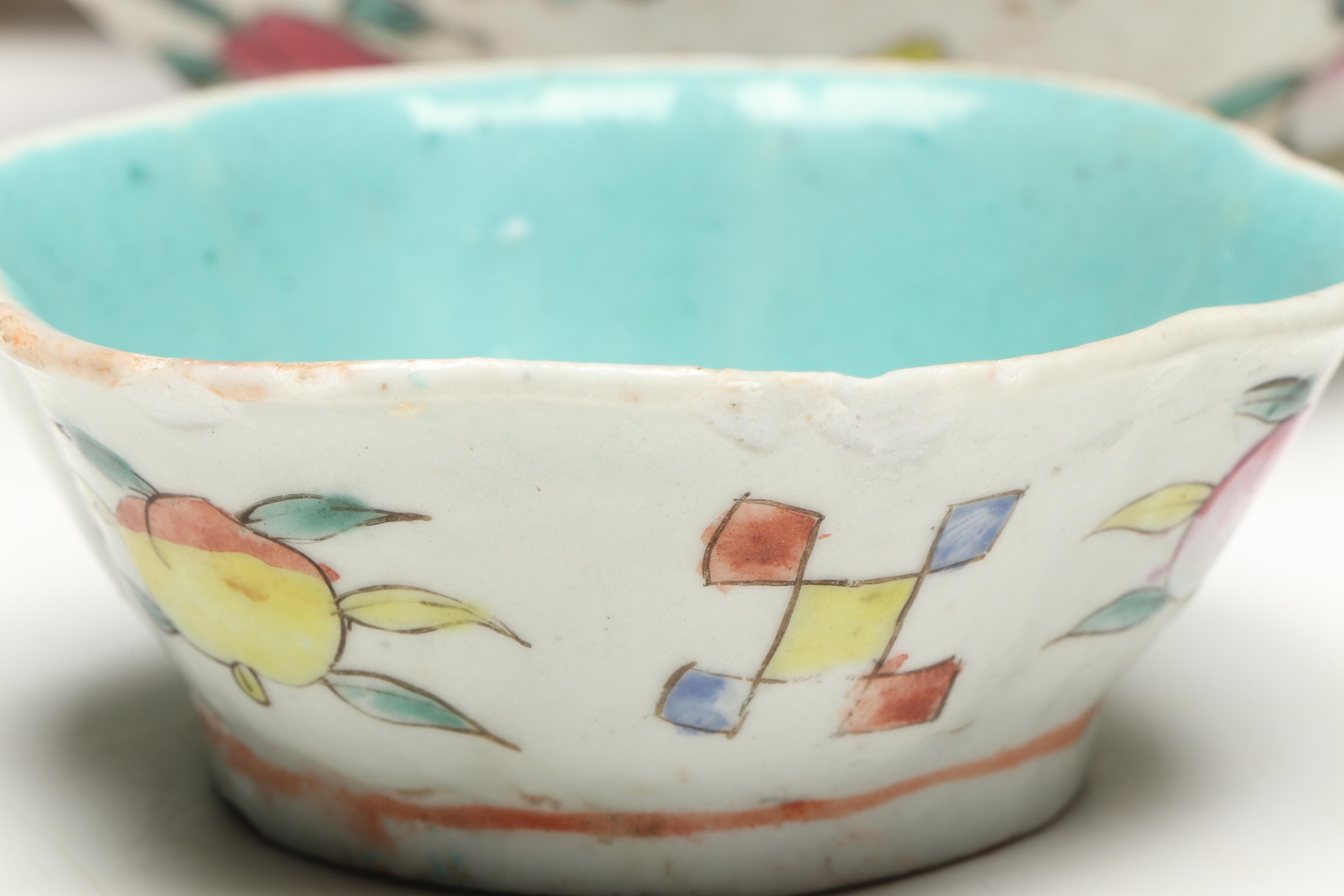 Japanese Porcelain Teaware with Chinese Turquoise Interior Famille Rose Bowls