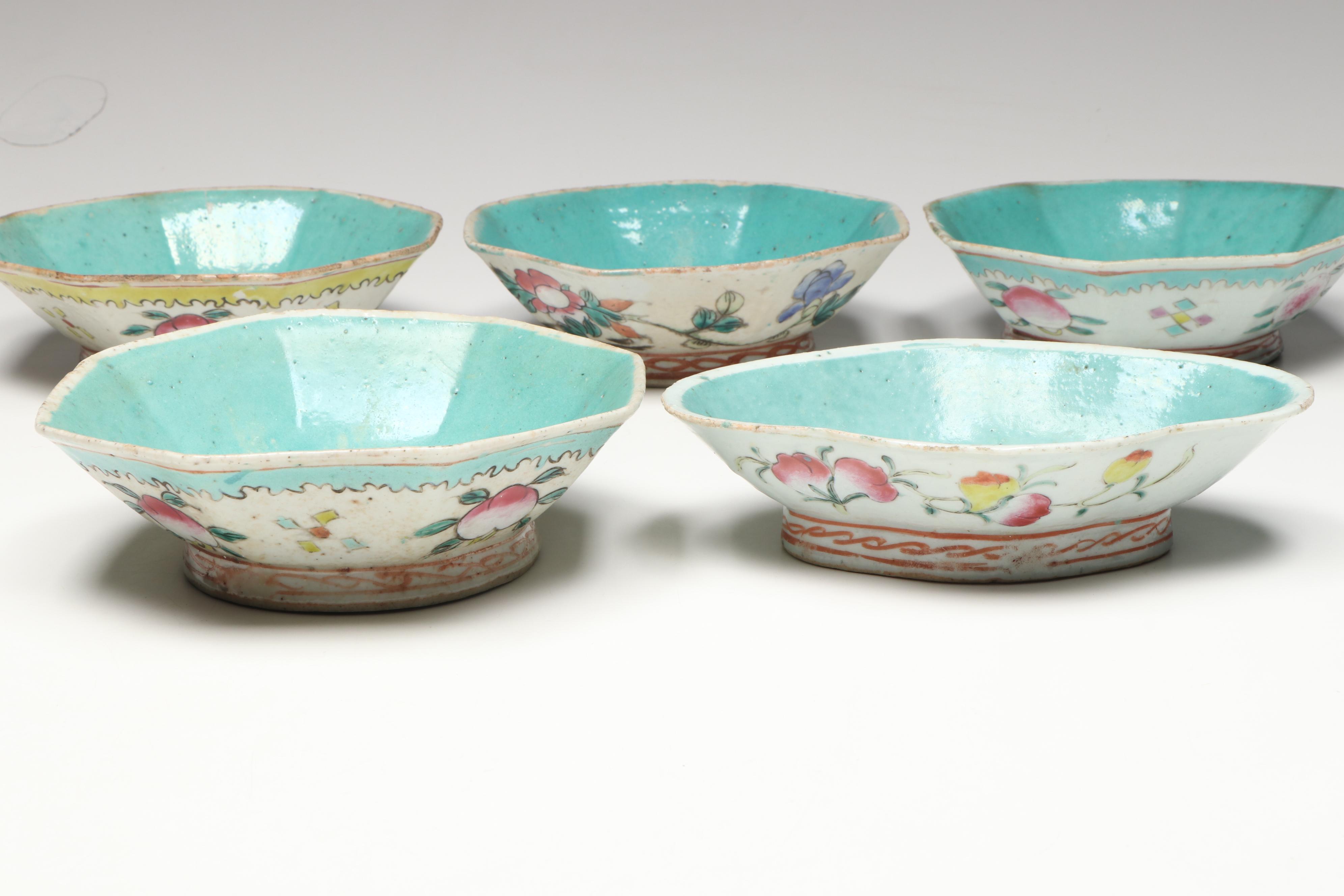 Japanese Porcelain Teaware with Chinese Turquoise Interior Famille Rose Bowls