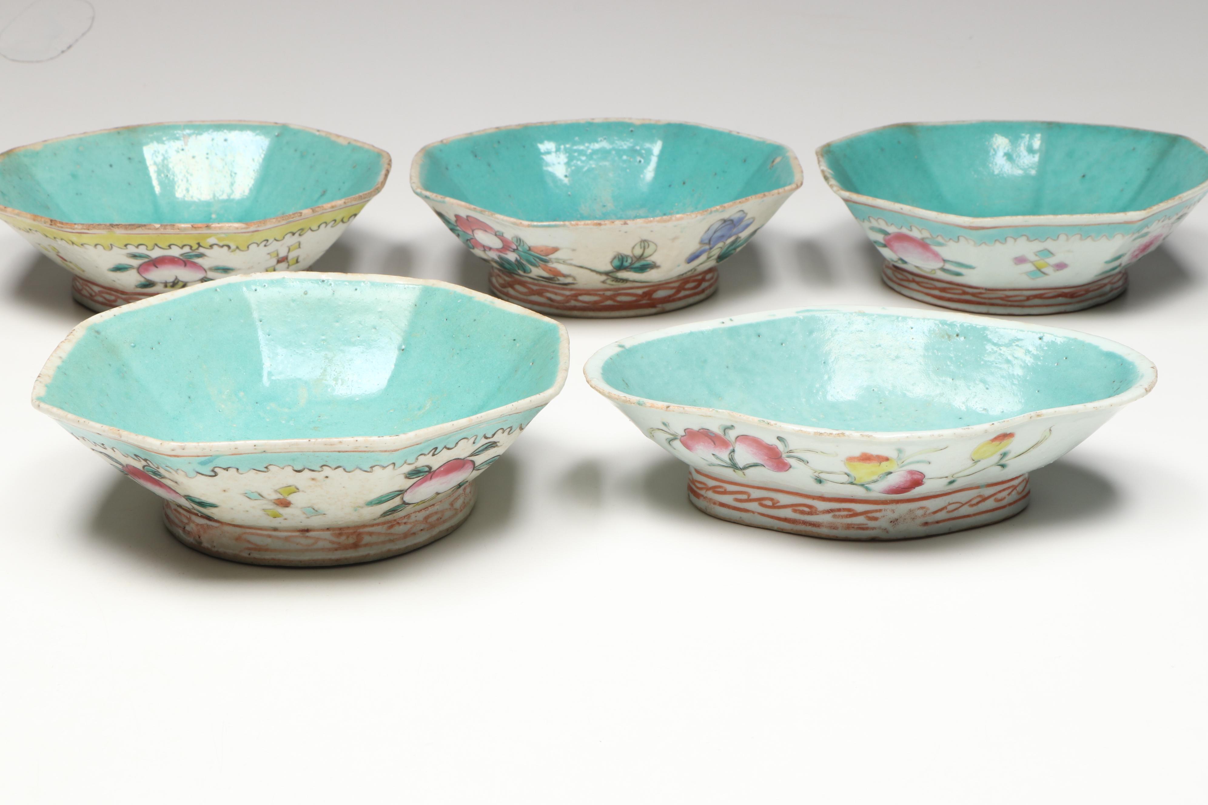 Japanese Porcelain Teaware with Chinese Turquoise Interior Famille Rose Bowls