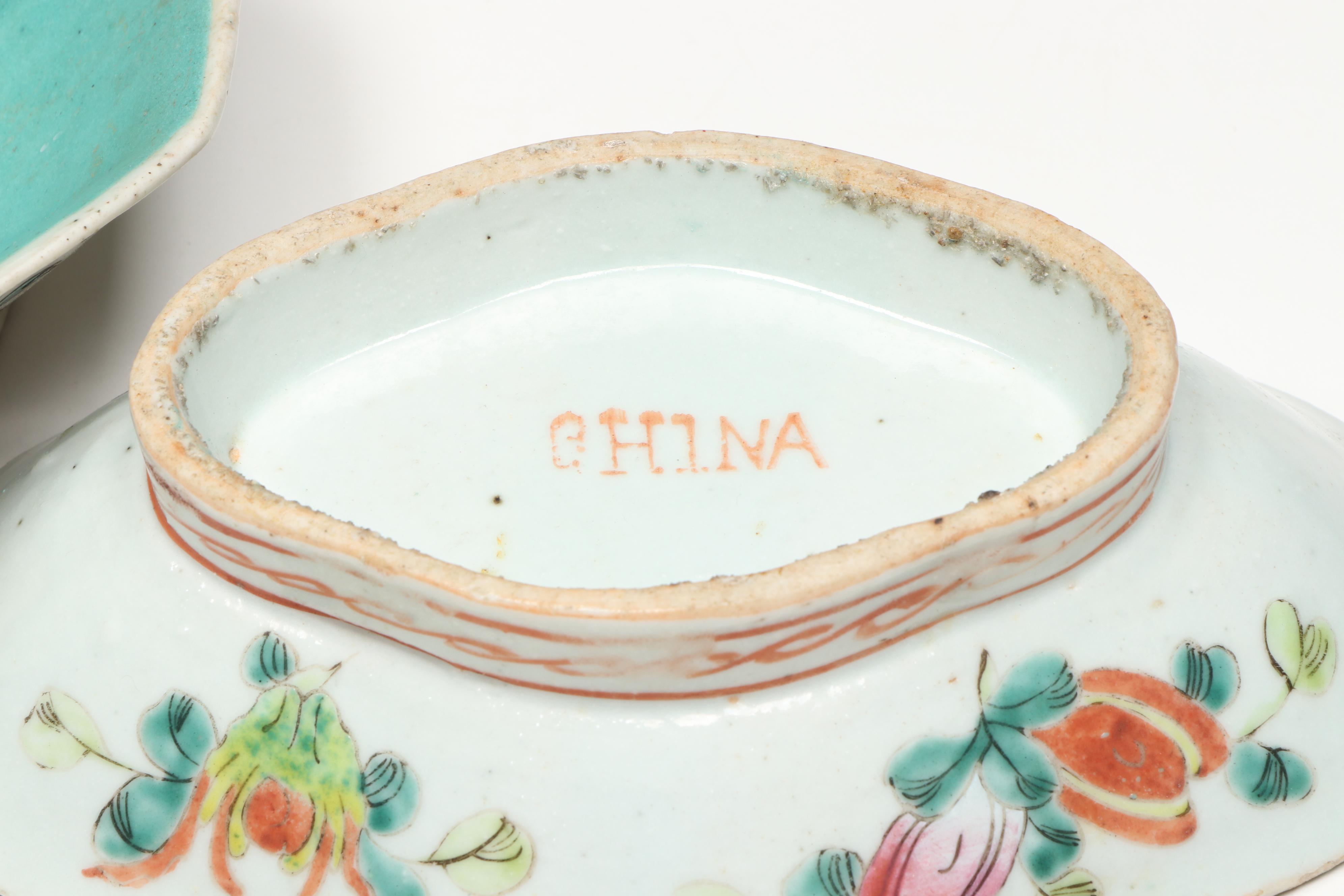 Japanese Porcelain Teaware with Chinese Turquoise Interior Famille Rose Bowls