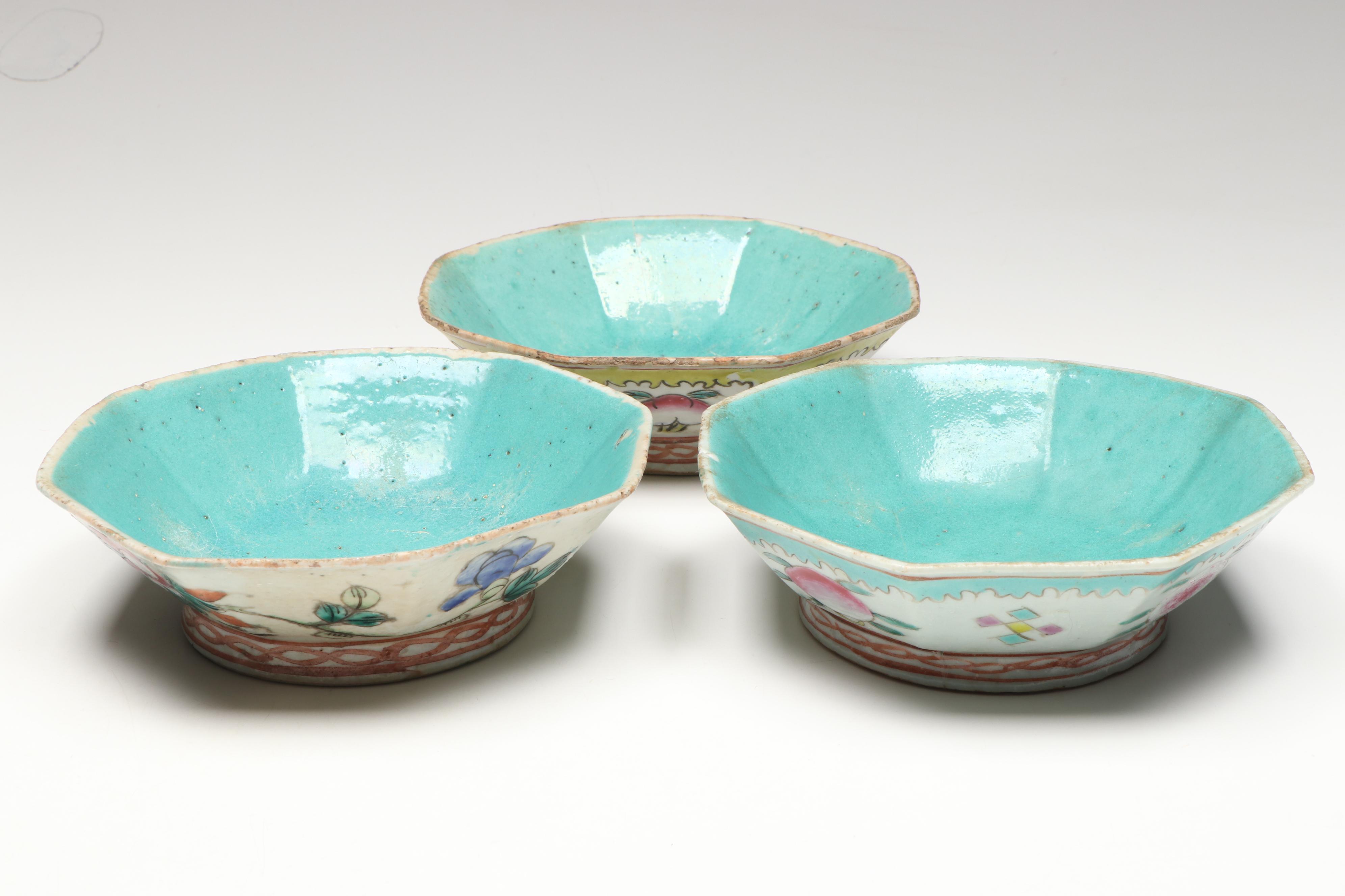 Japanese Porcelain Teaware with Chinese Turquoise Interior Famille Rose Bowls