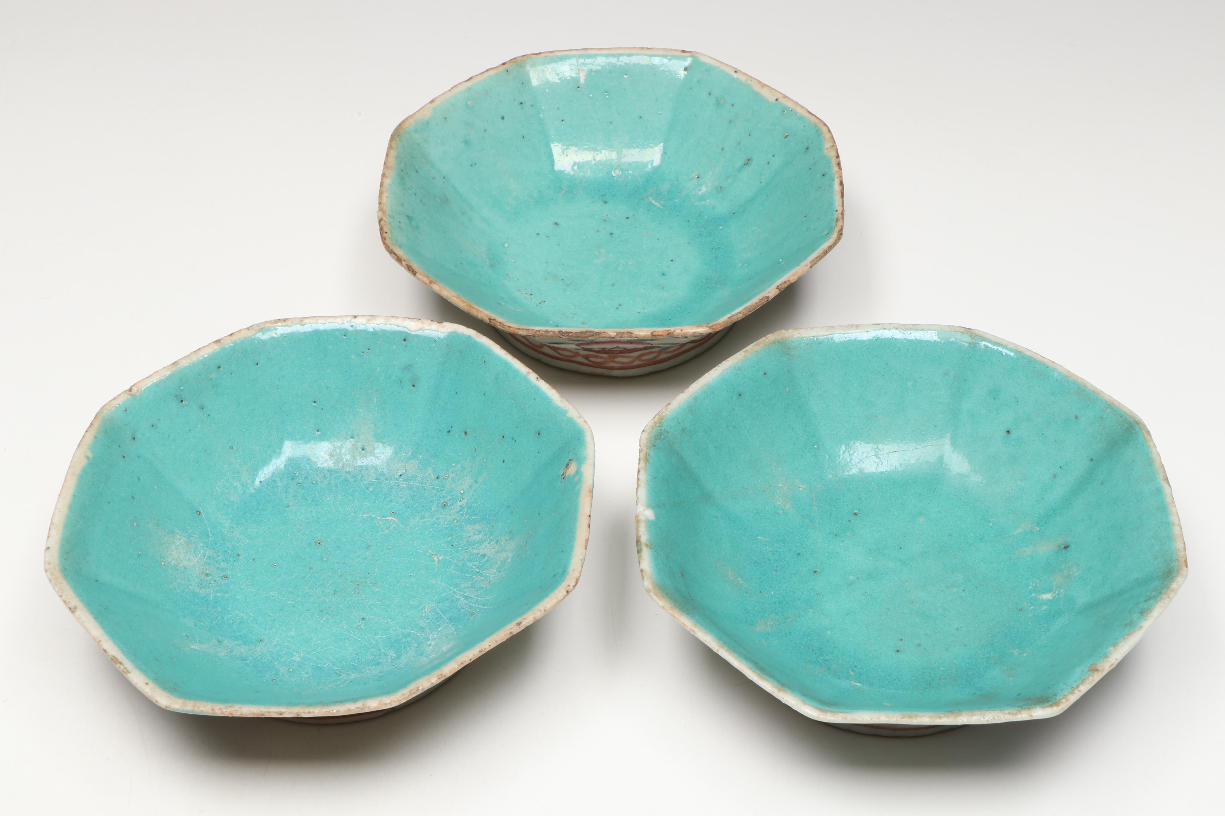 Japanese Porcelain Teaware with Chinese Turquoise Interior Famille Rose Bowls