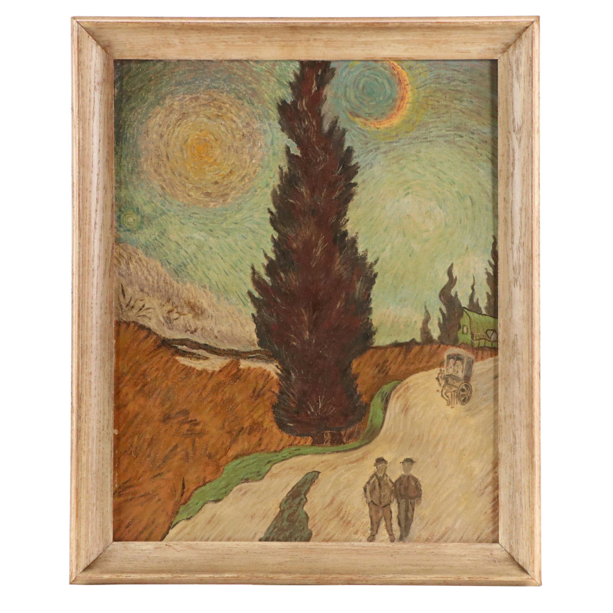 Oil Painting After Vincent Van Gogh "Road with Cypresses," Circa 1950
