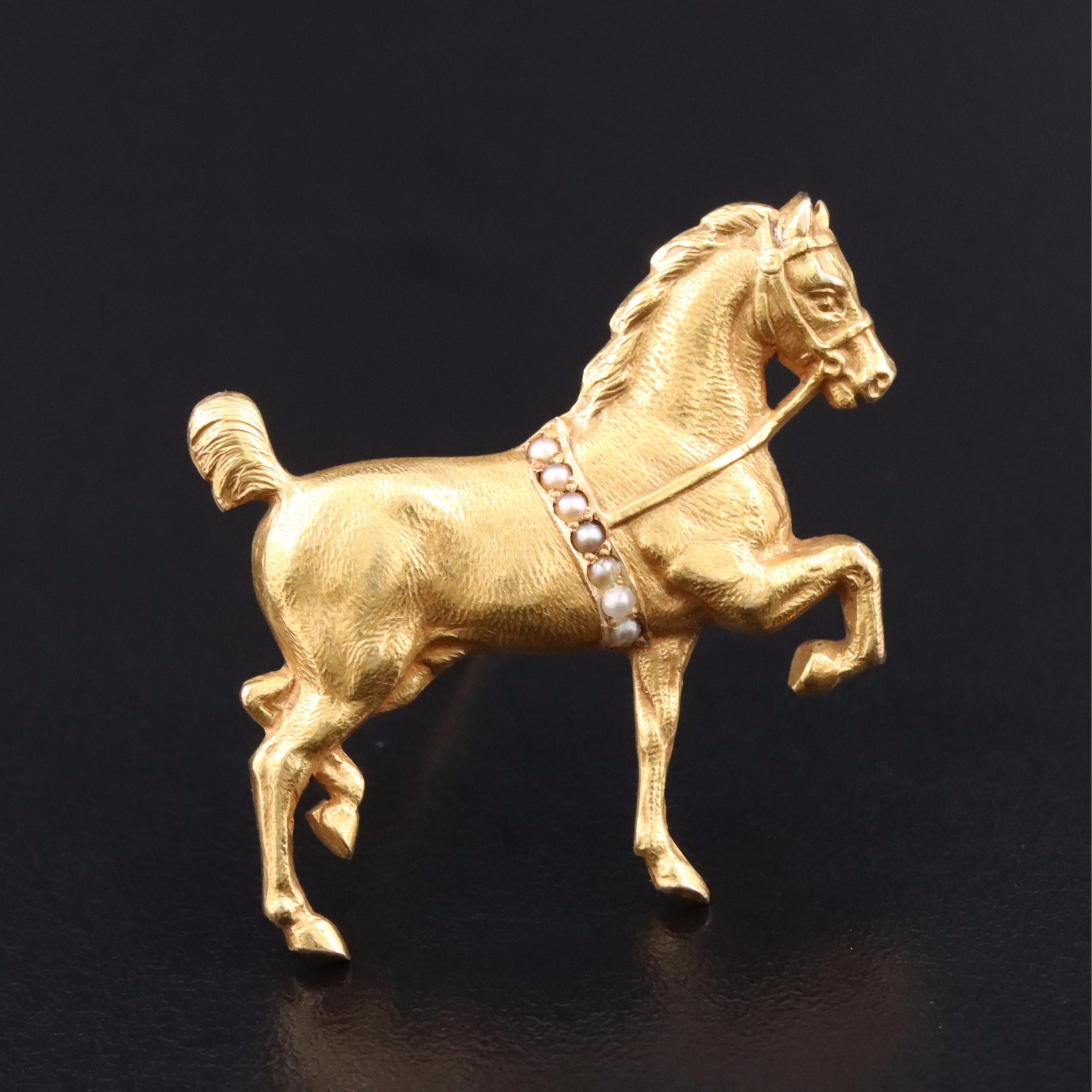 Early 1900s 14K Seed Pearl Prancing Pony Pin