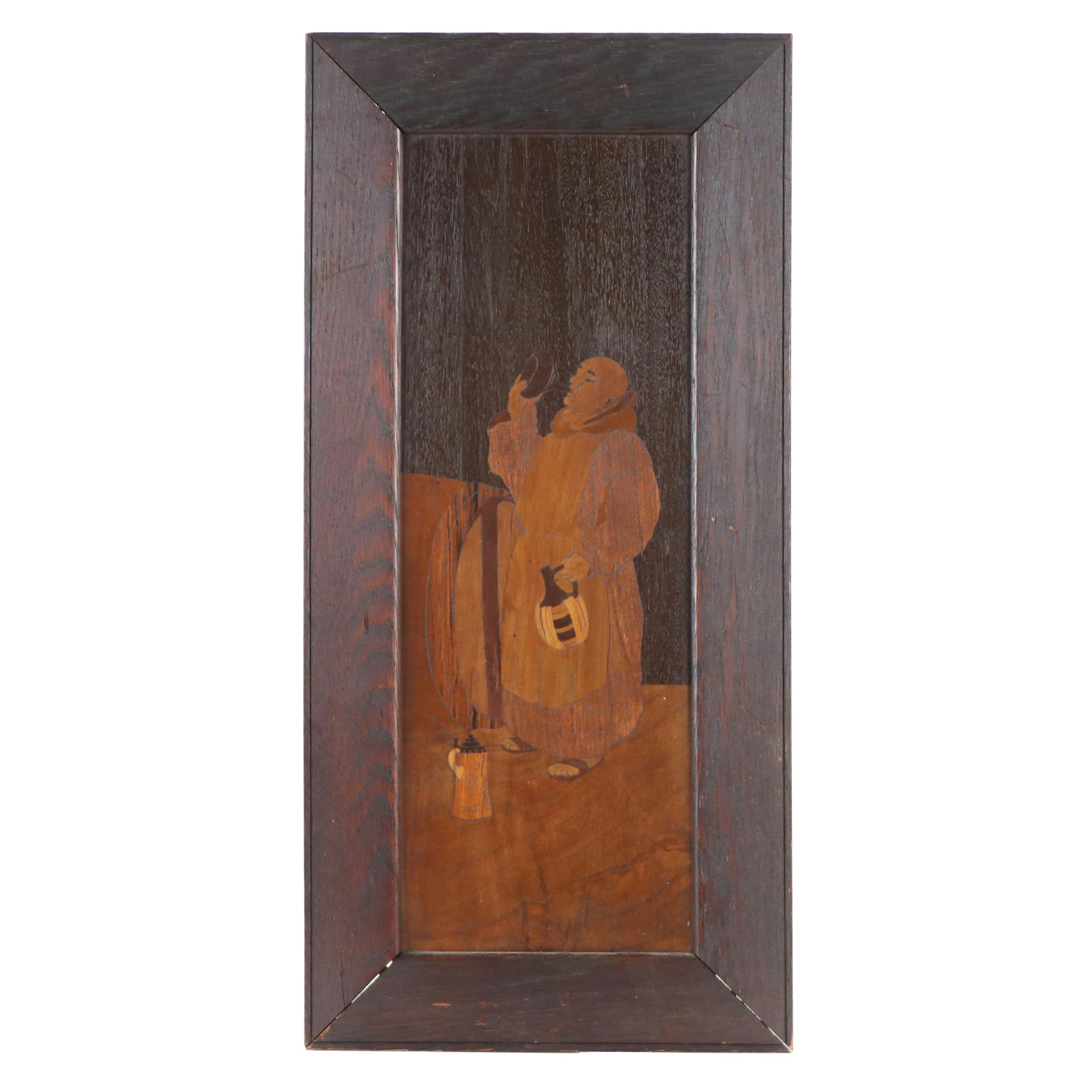 Marquetry Wood Panel of Monk with Barrel and Flask, 20th Century