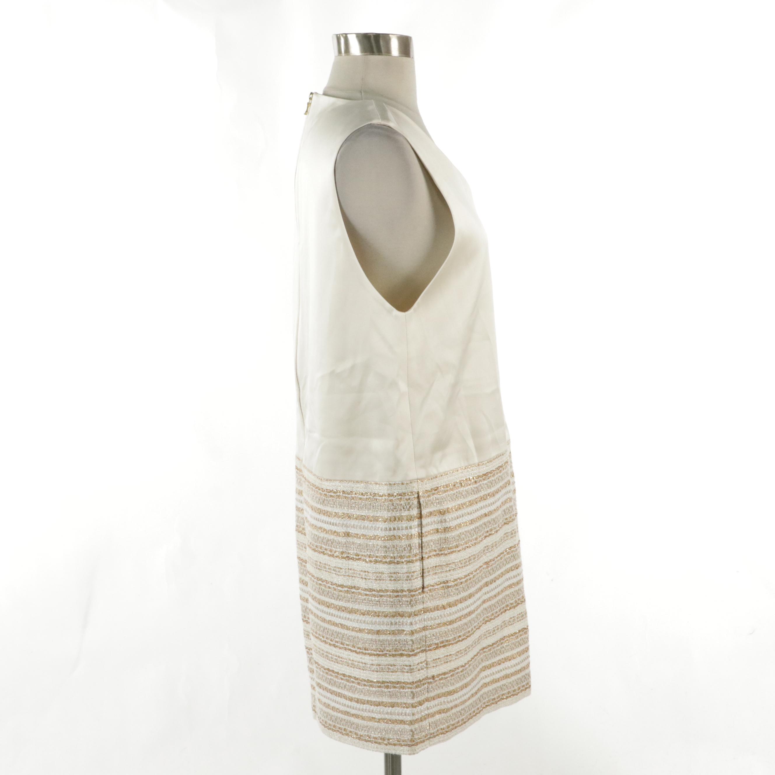 ADORE Ivory Silk and Metallic Tweed Sleeveless V-Neck Mini Dress