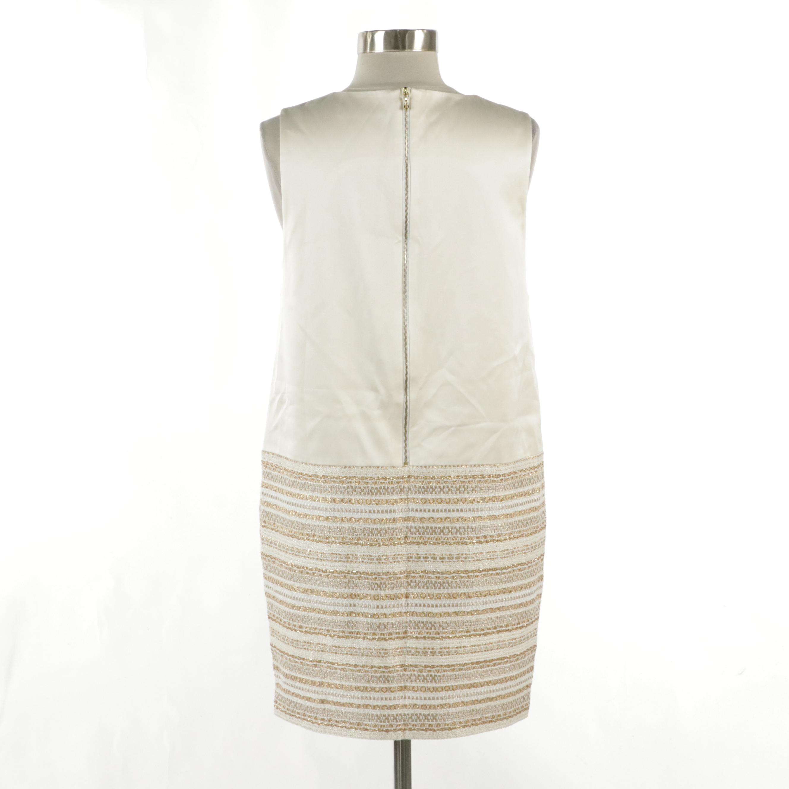 ADORE Ivory Silk and Metallic Tweed Sleeveless V-Neck Mini Dress