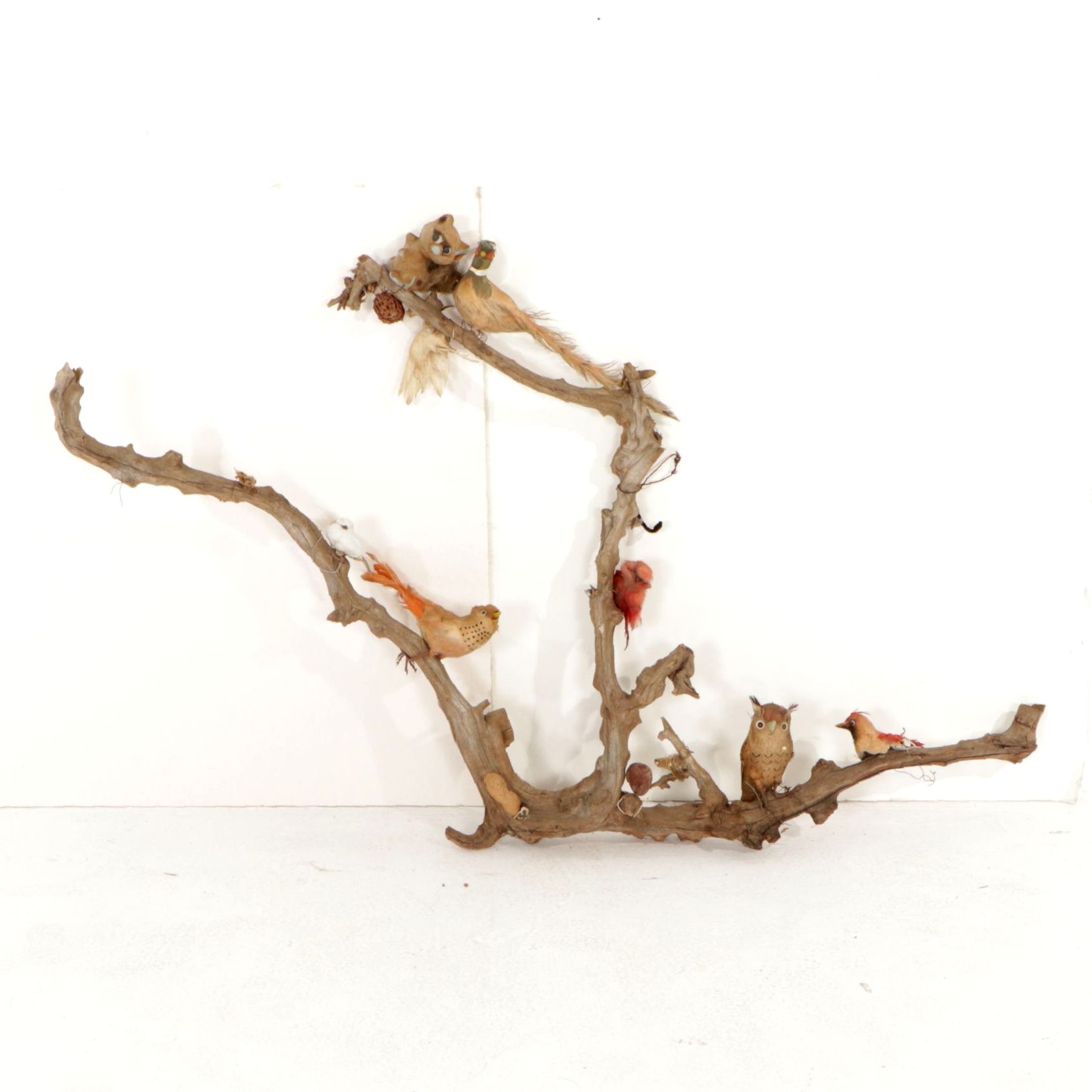 Rustic Tree Branch with Sitting Birds Hand-Crafted Sculpture