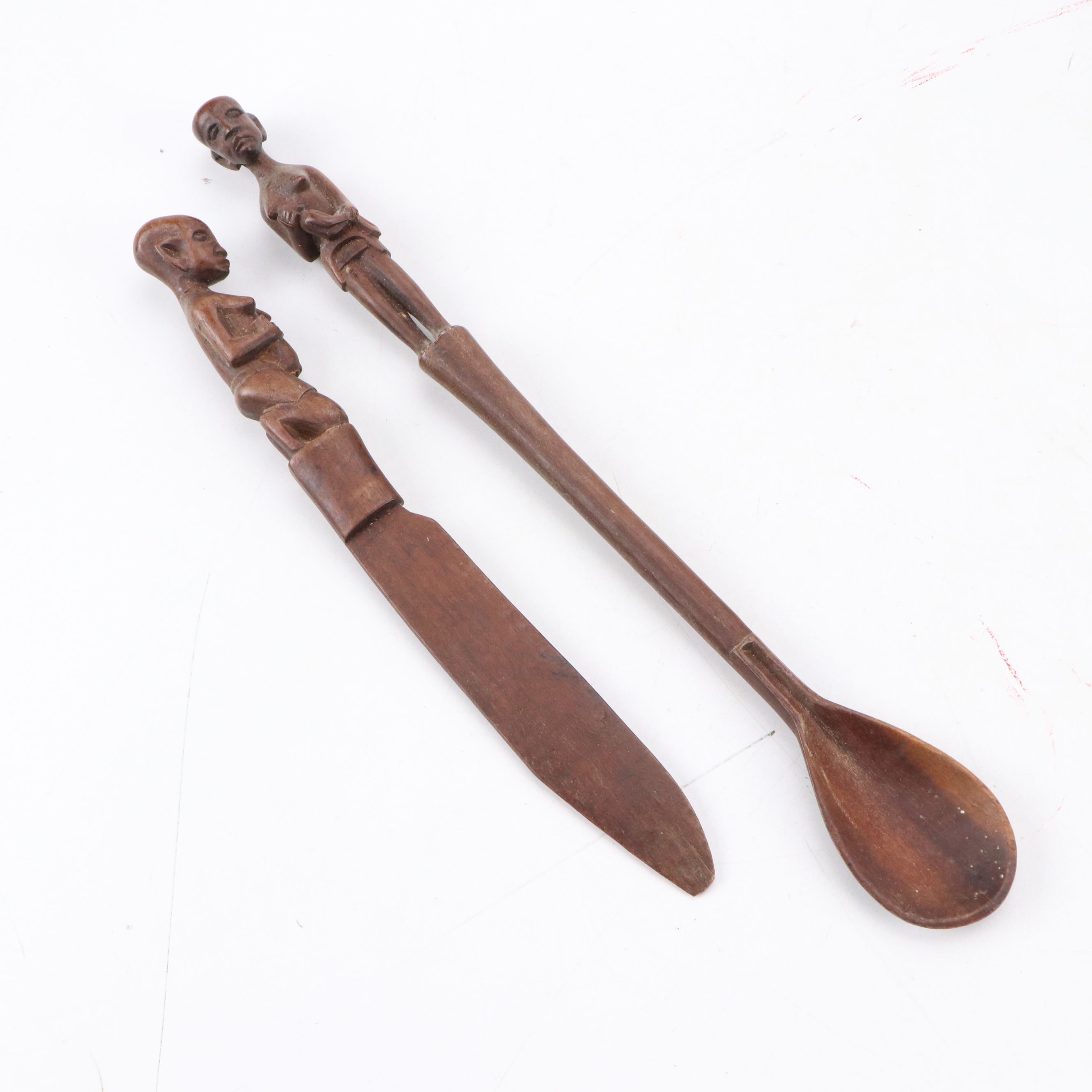 East African Souvenir Hand-Carved Wood Warrior and Salad Utensils