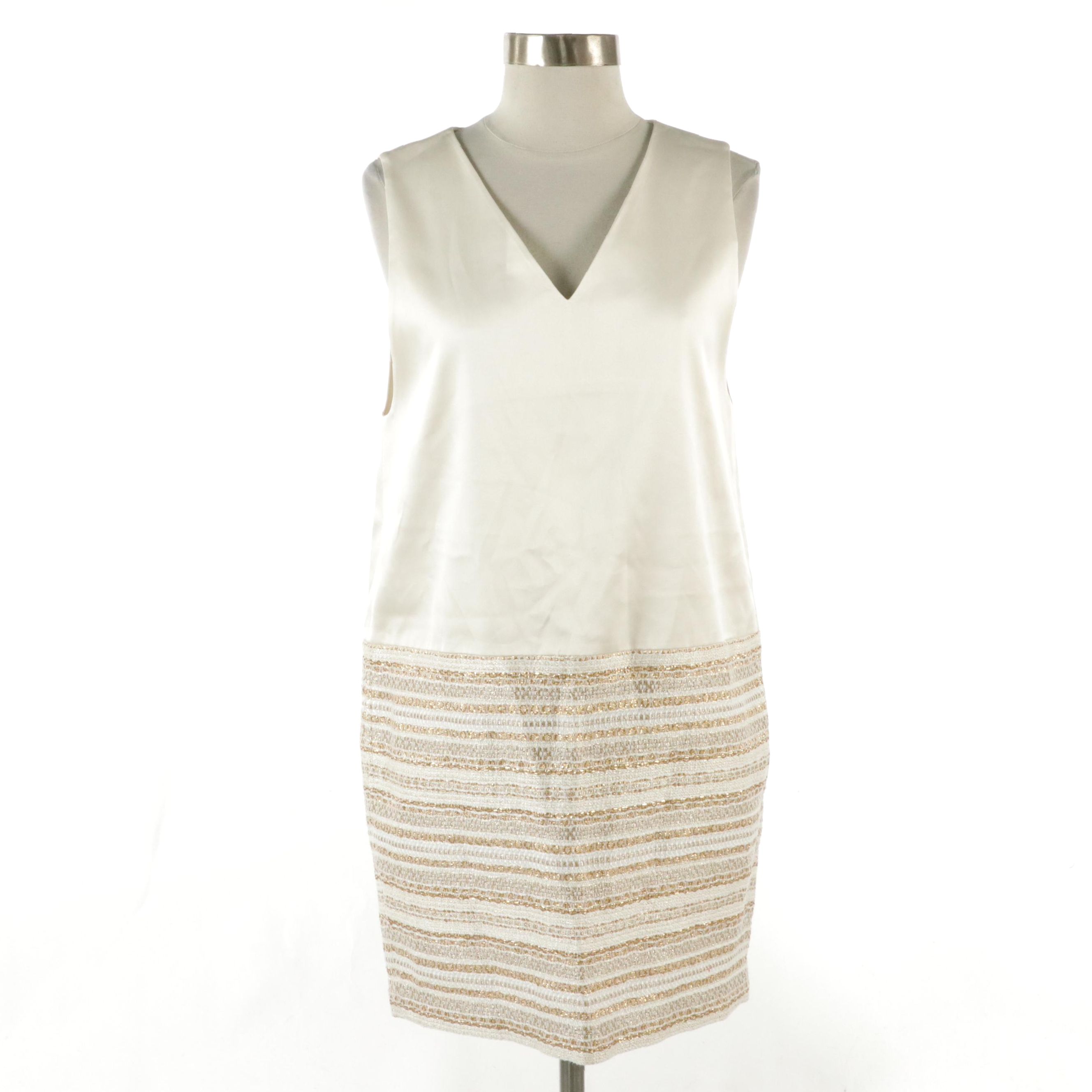 ADORE Ivory Silk and Metallic Tweed Sleeveless V-Neck Mini Dress