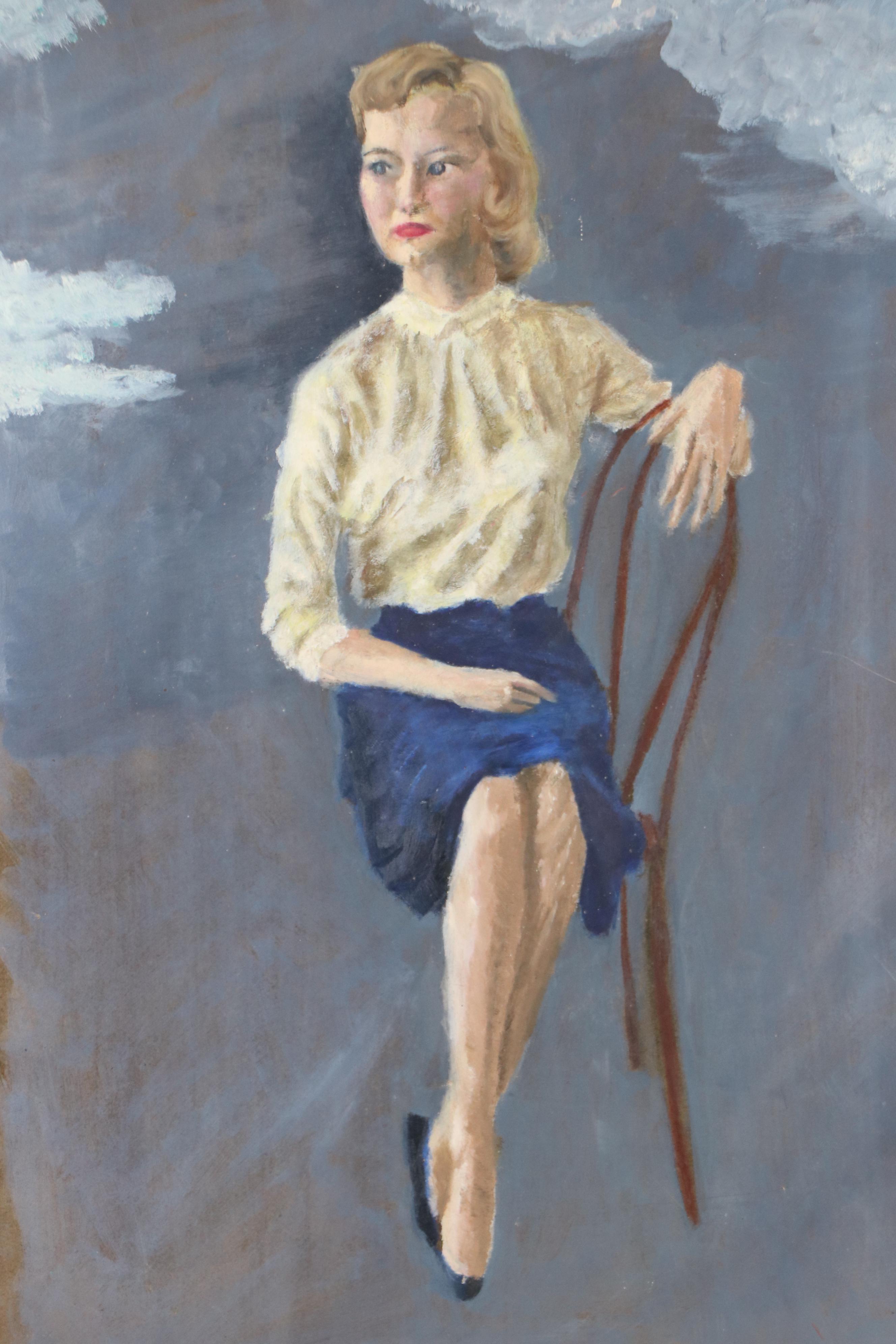Oil Painting Portrait of Sitting Woman, Late 20th Century