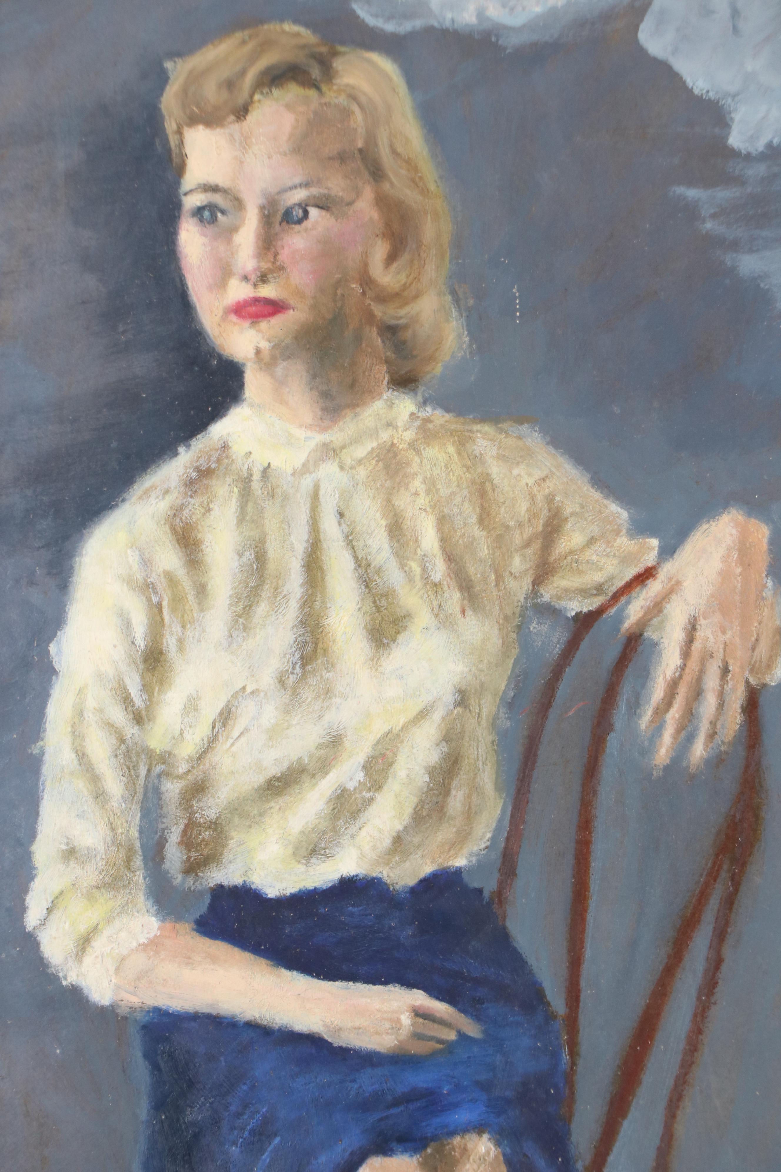 Oil Painting Portrait of Sitting Woman, Late 20th Century