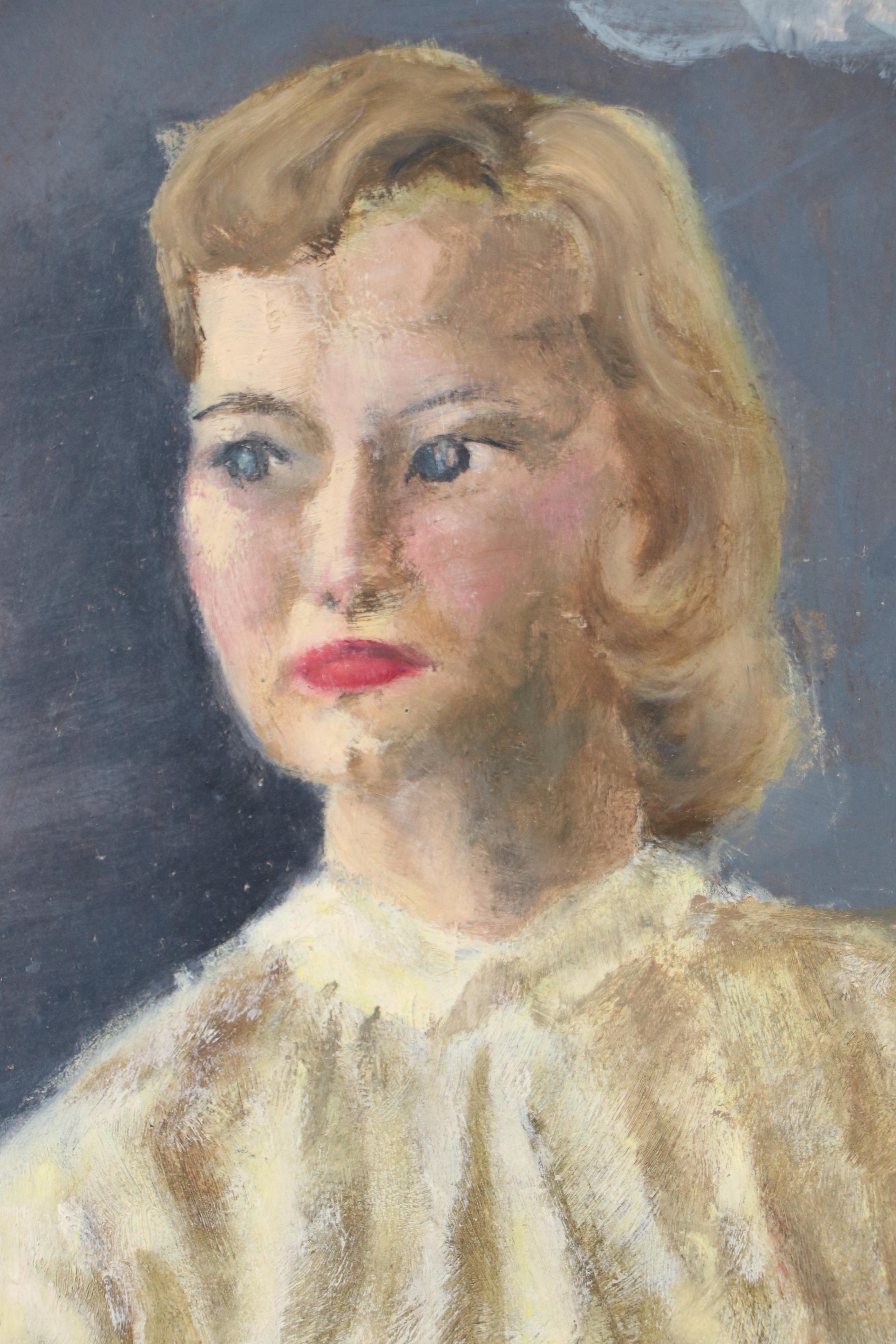 Oil Painting Portrait of Sitting Woman, Late 20th Century