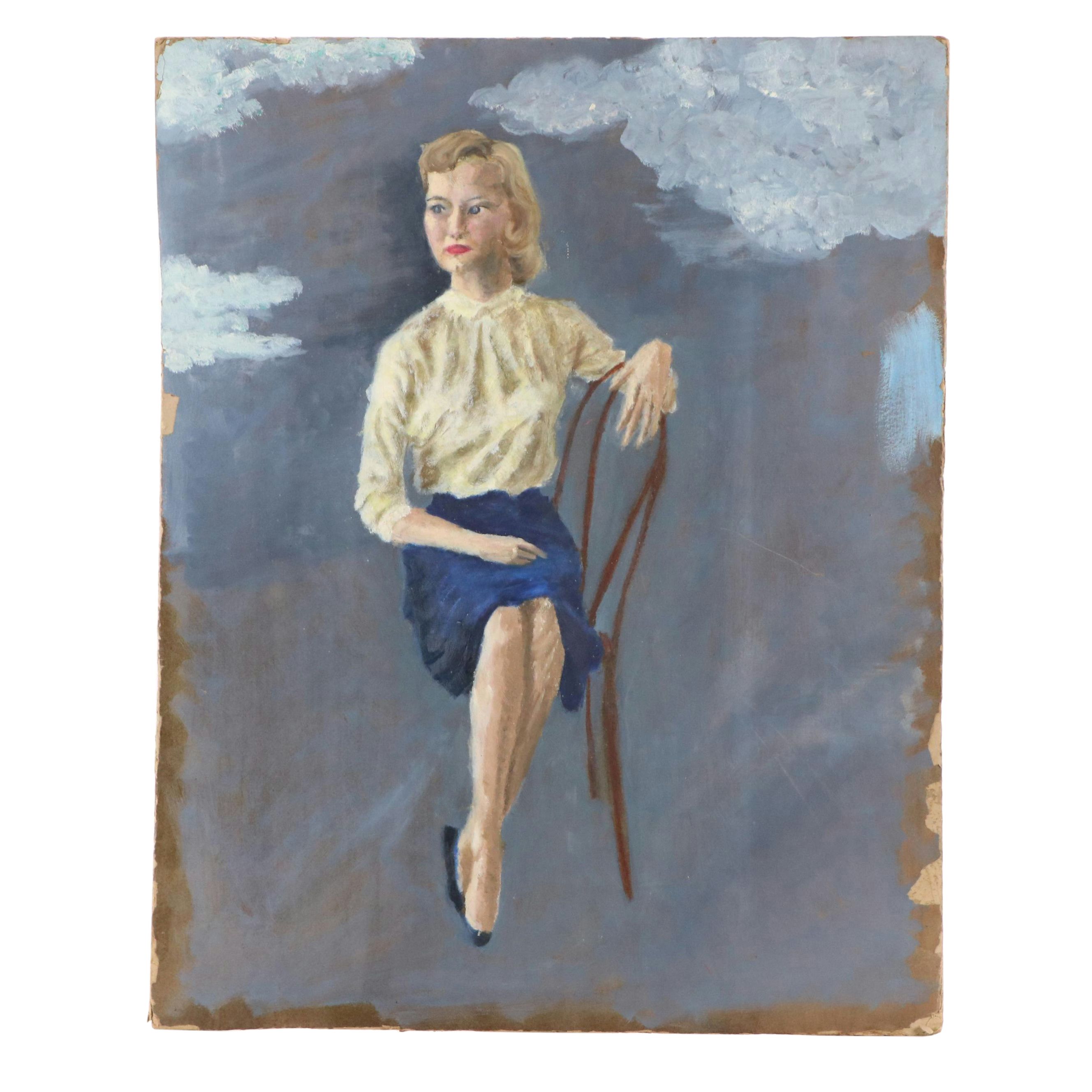 Oil Painting Portrait of Sitting Woman, Late 20th Century