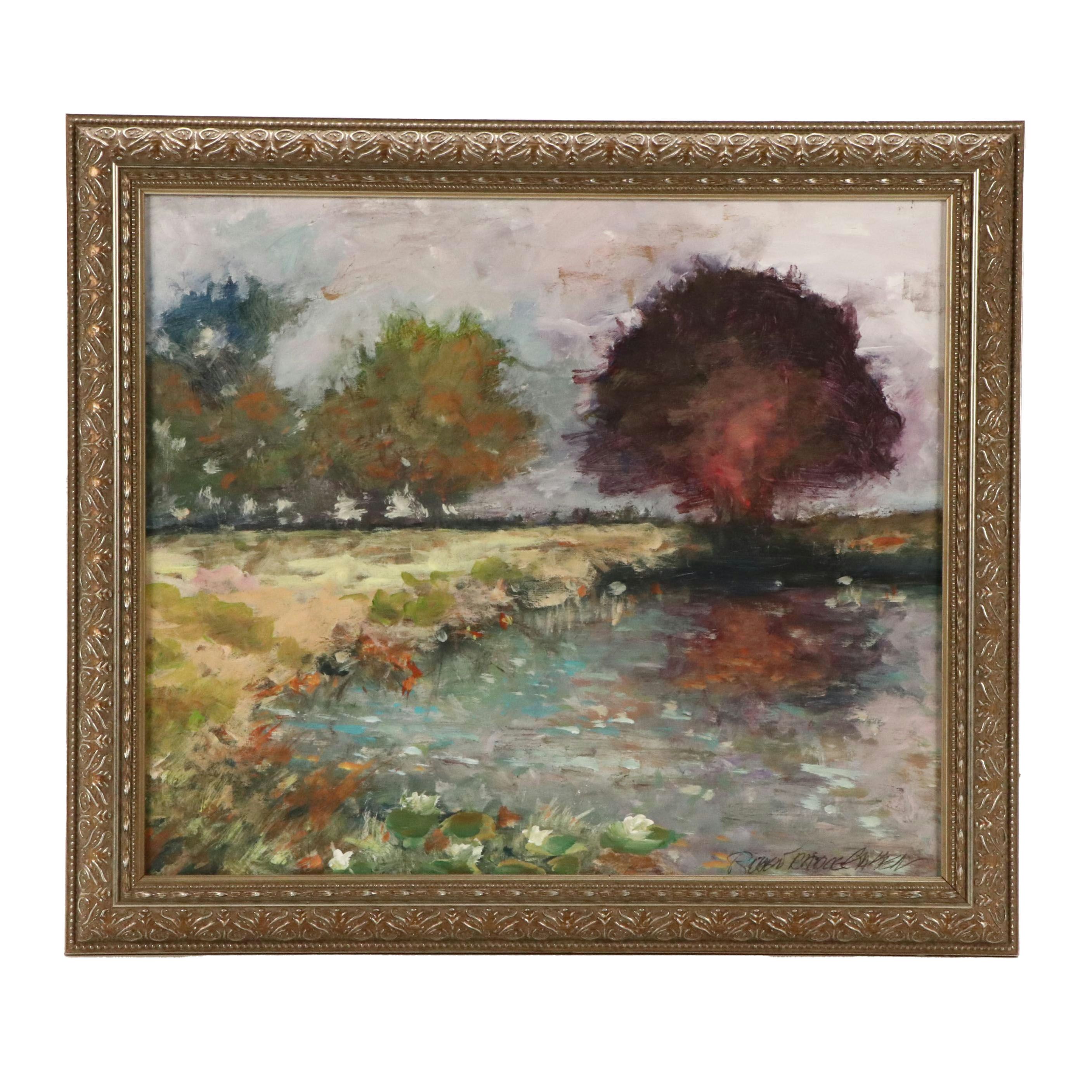 Robert Riddle Baker Landscape Acrylic Painting "Lakeside Calm," 2024