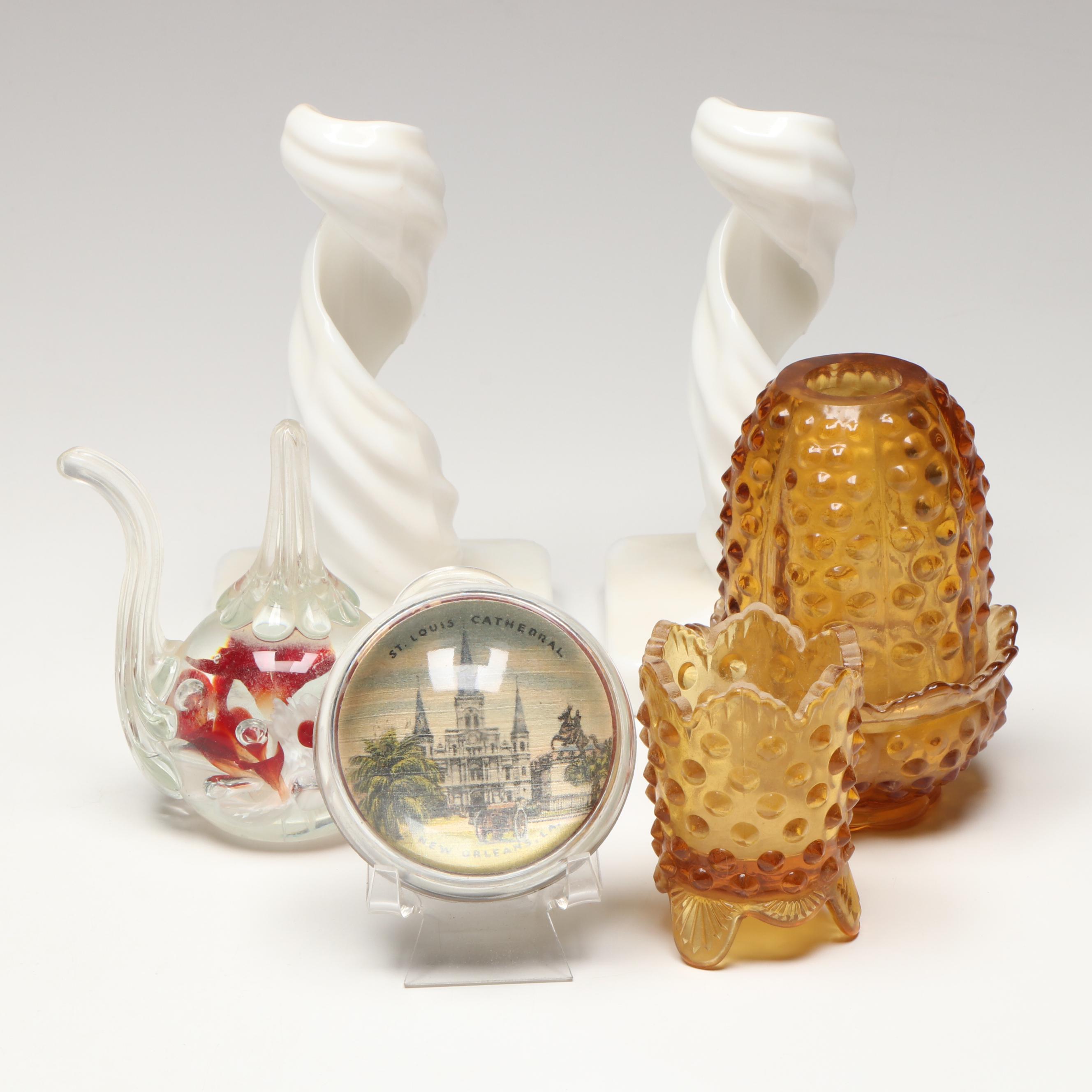 Westmoreland Milk Glass Candlesticks, Fenton Hobnail Fairy Lamp and Paperweights