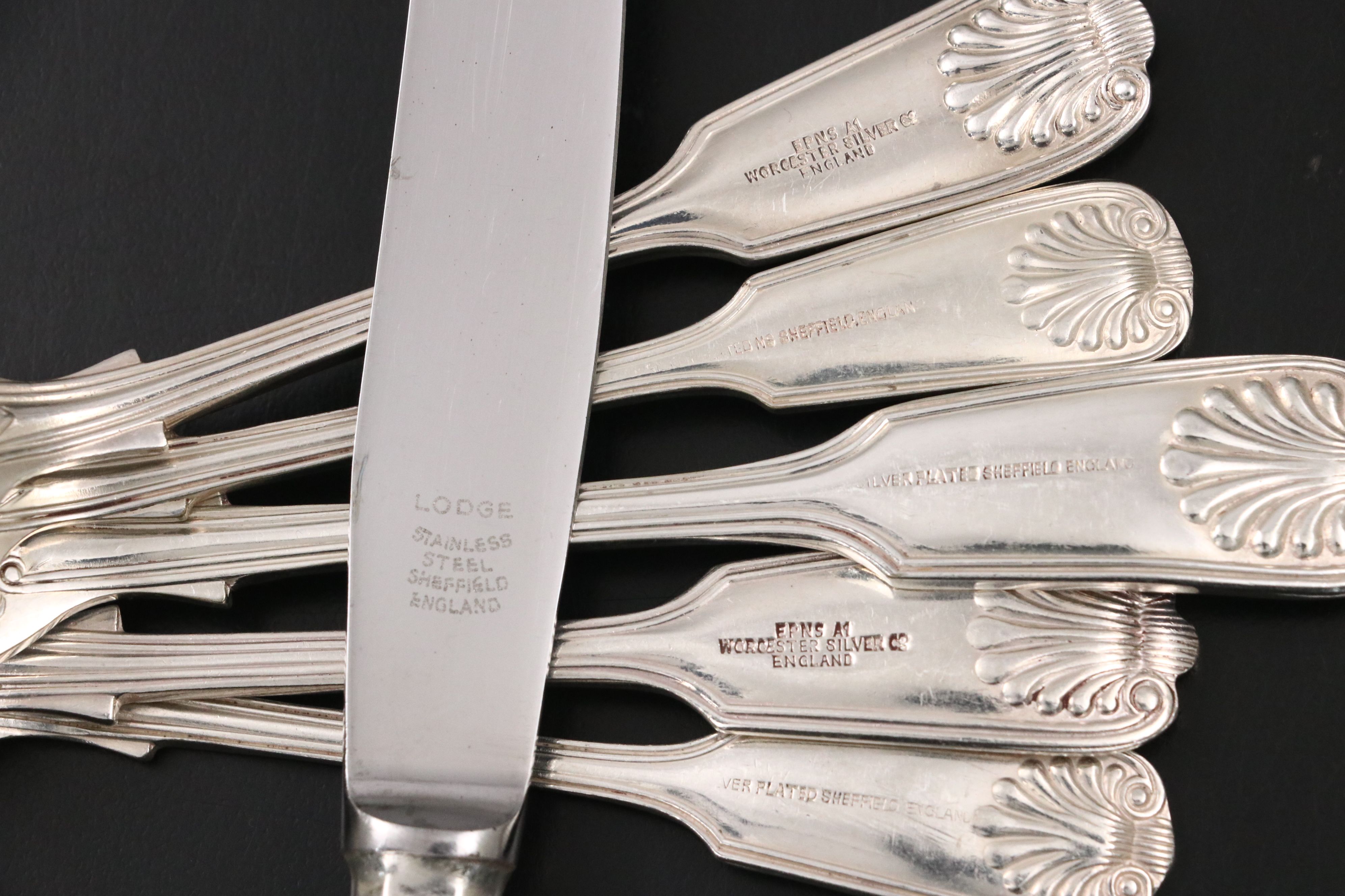 Worcester "Thread & Shell" and John Turton "Kings" Silver Plate Flatware