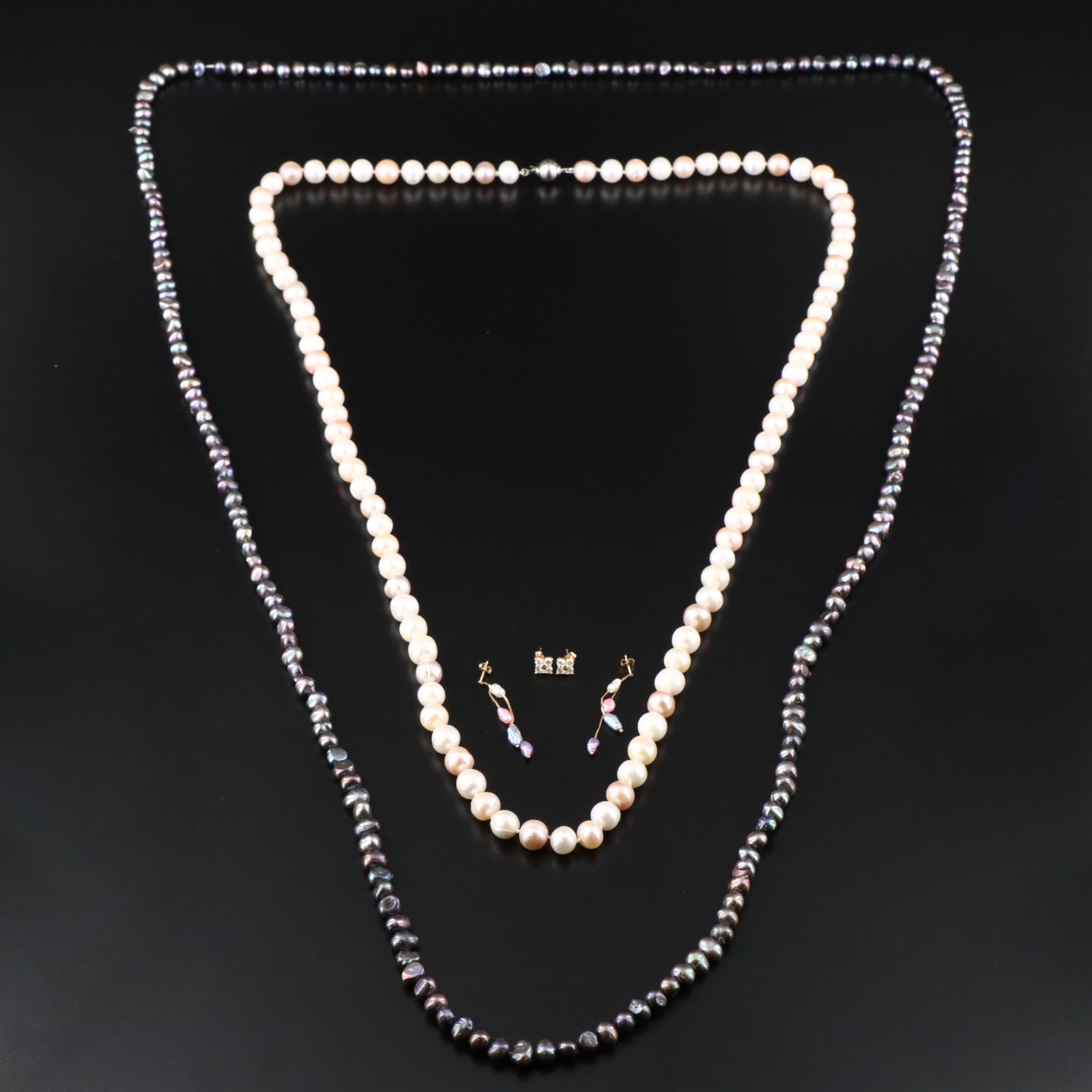 Endless Necklace, Necklace with Sterling Clasp, 14K Earrings with Pearl and CZ