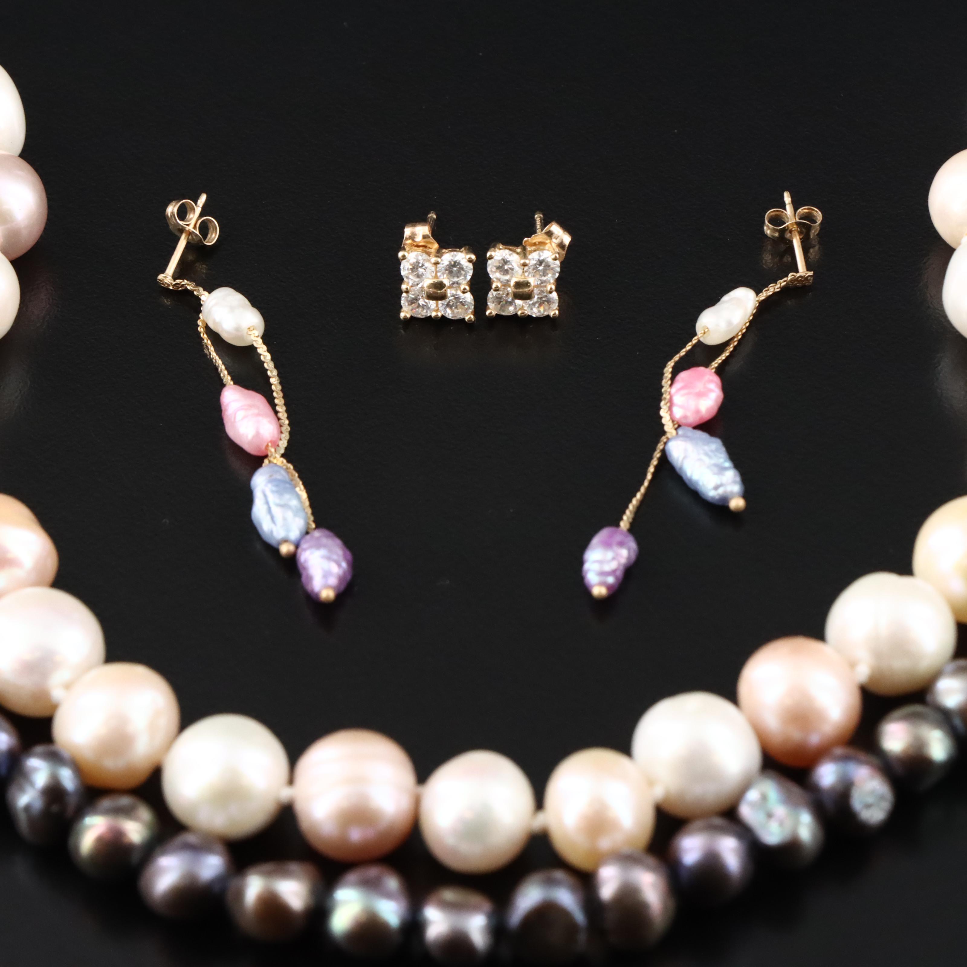 Endless Necklace, Necklace with Sterling Clasp, 14K Earrings with Pearl and CZ