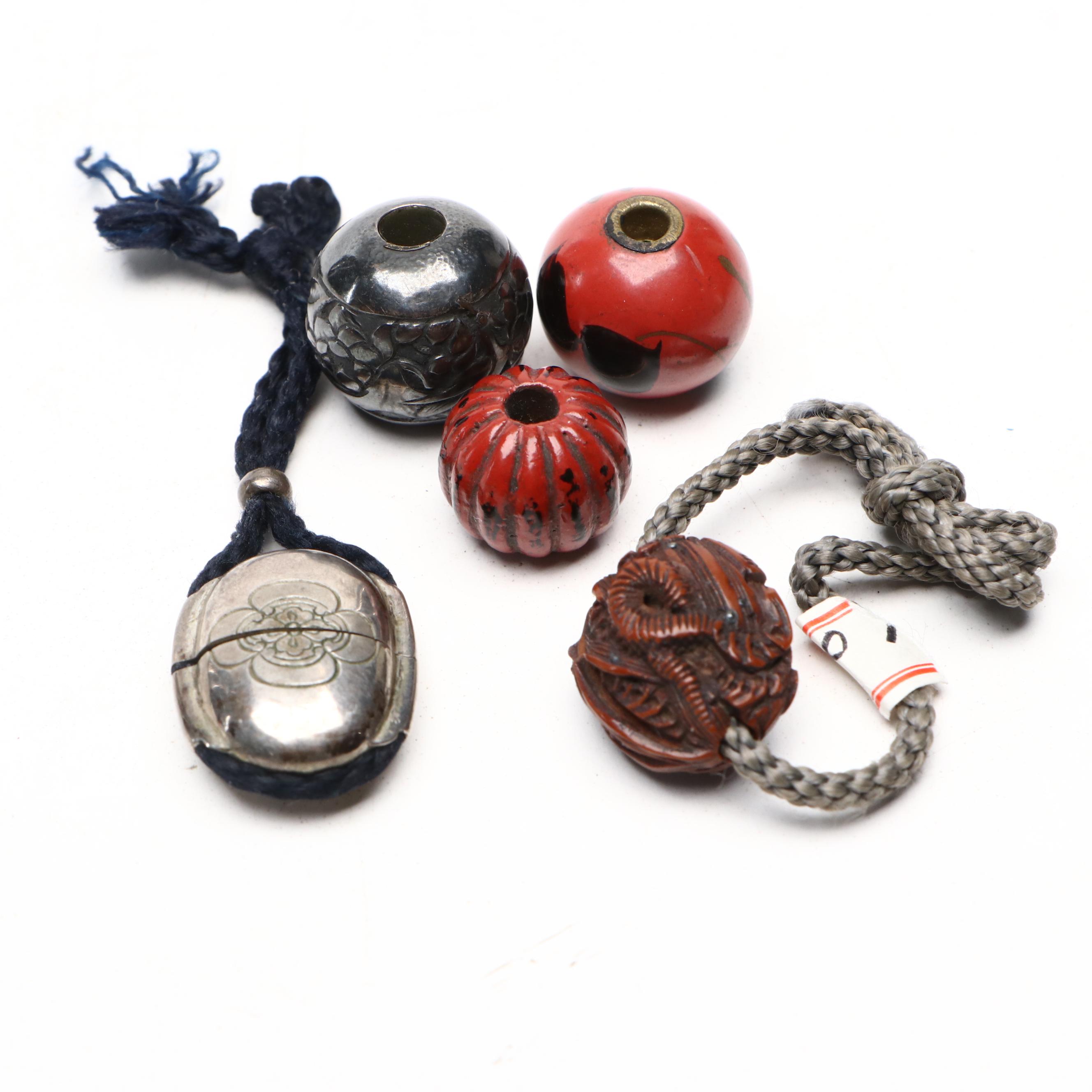 Japanese Floral Silver Plate Inro with Netsuke and Buttons