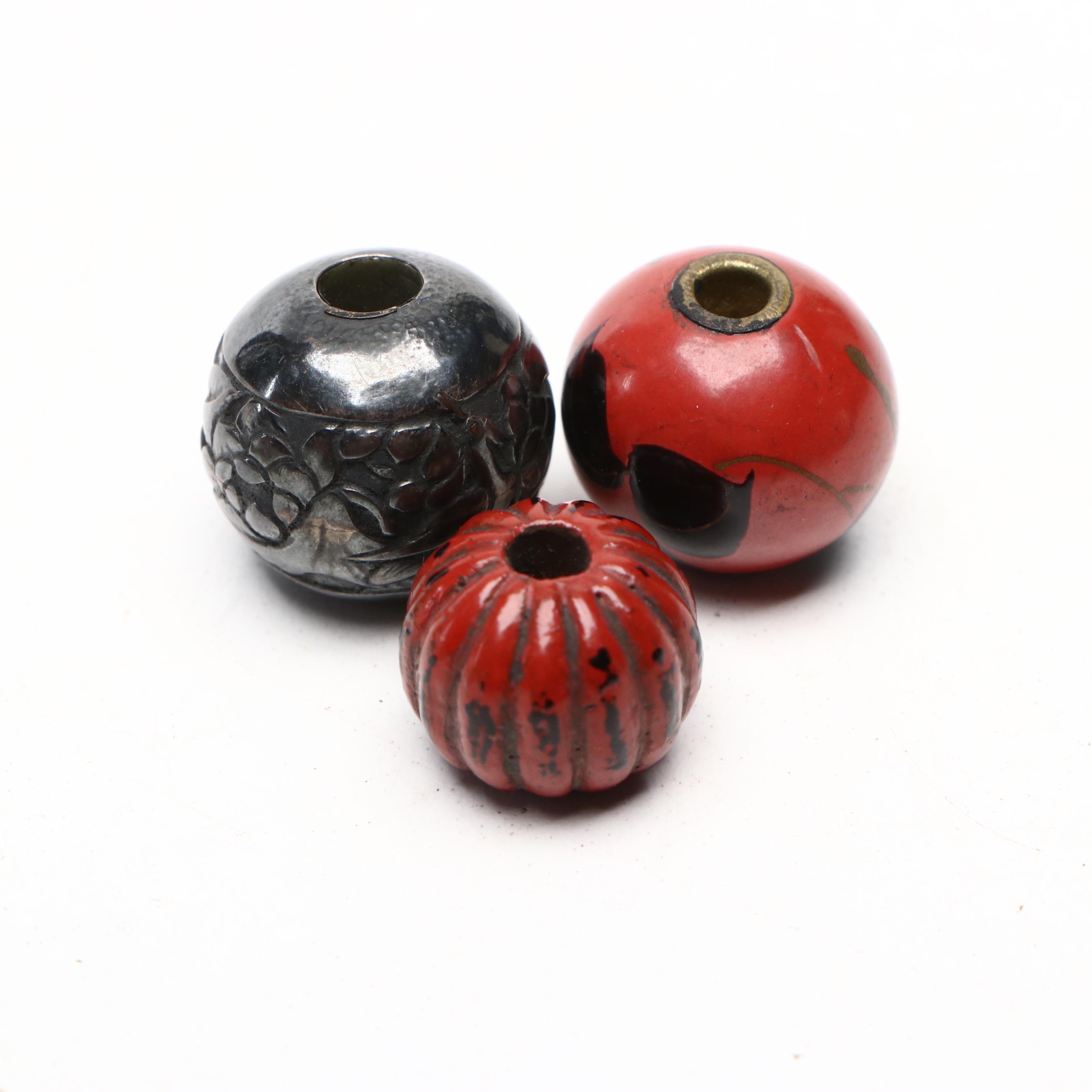 Japanese Floral Silver Plate Inro with Netsuke and Buttons