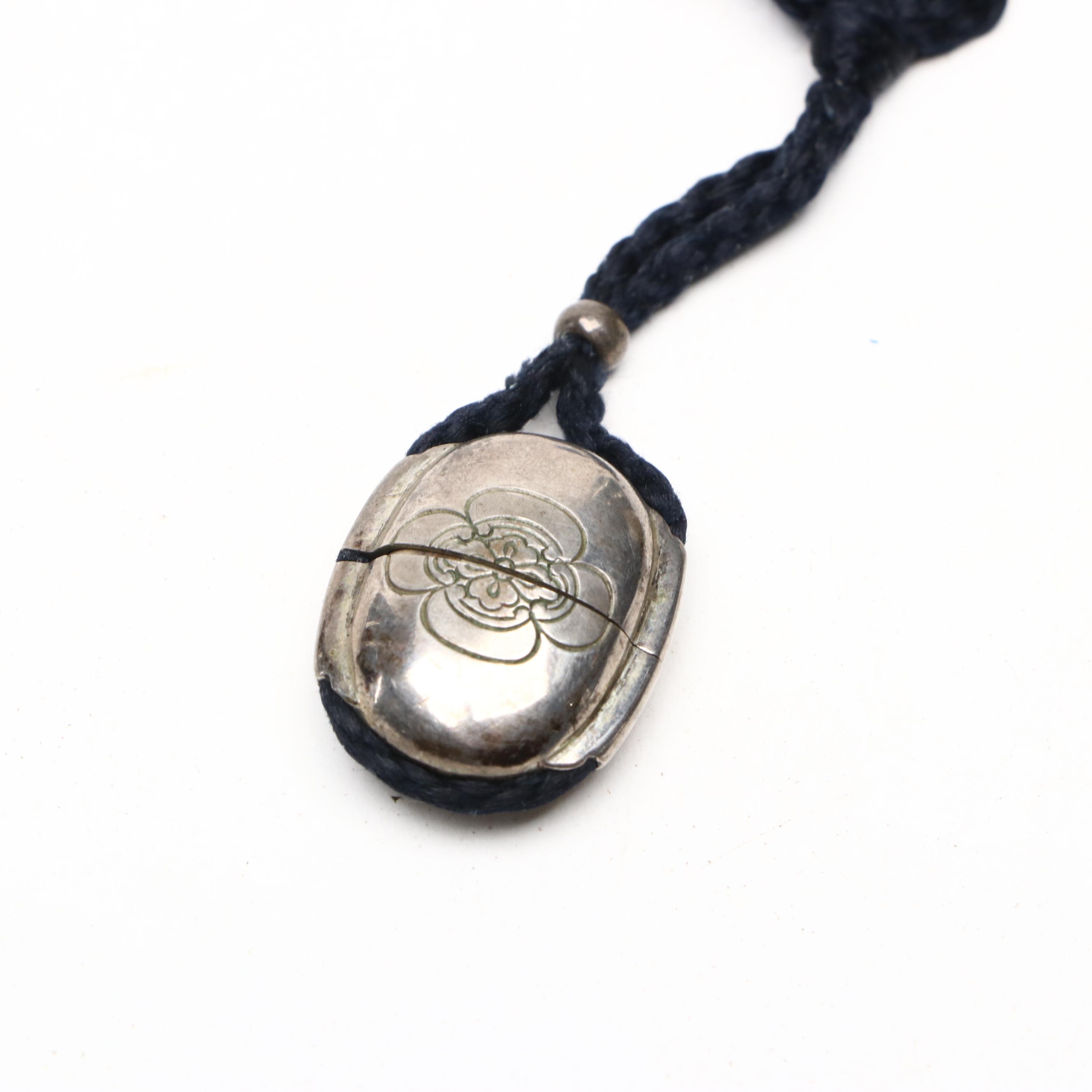 Japanese Floral Silver Plate Inro with Netsuke and Buttons