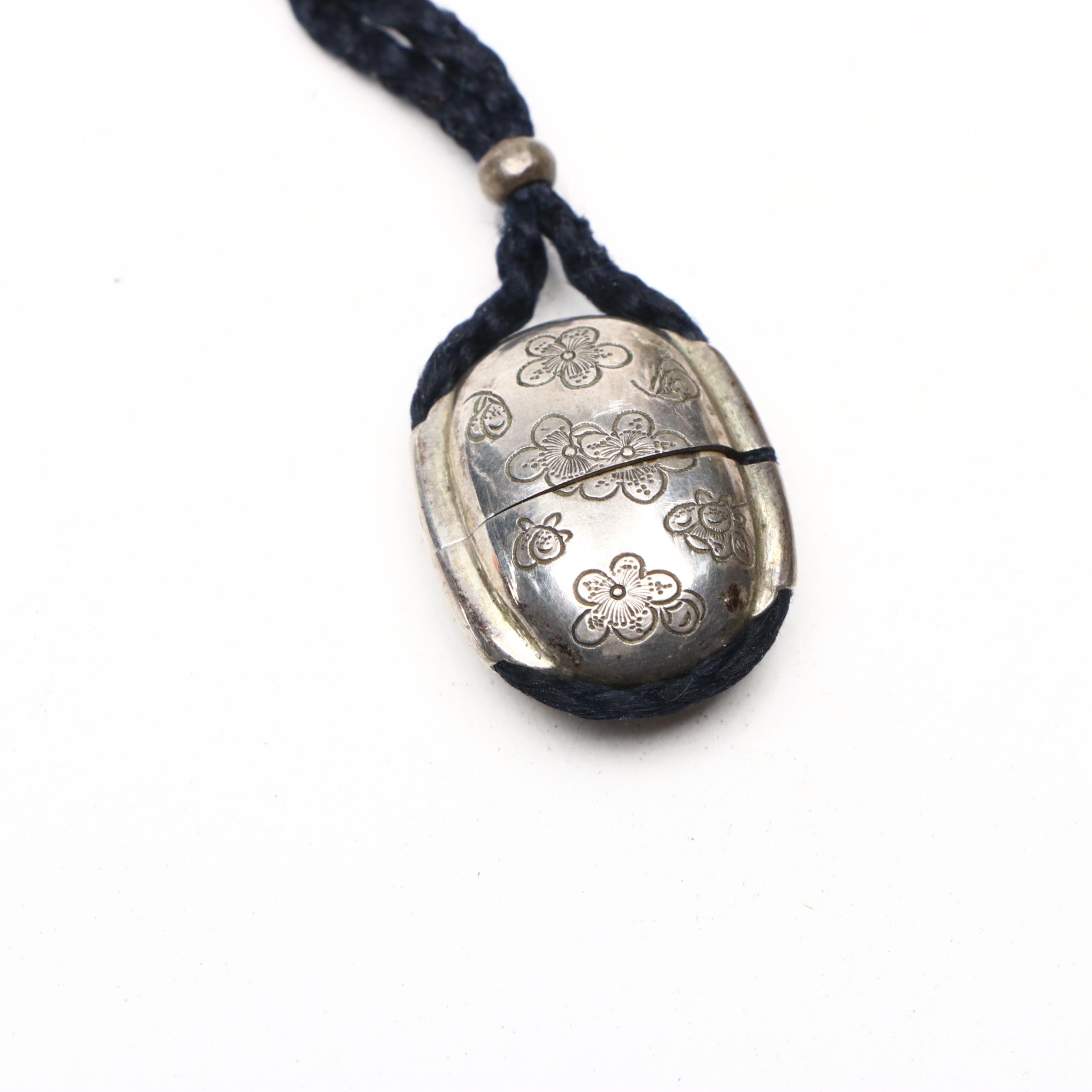 Japanese Floral Silver Plate Inro with Netsuke and Buttons