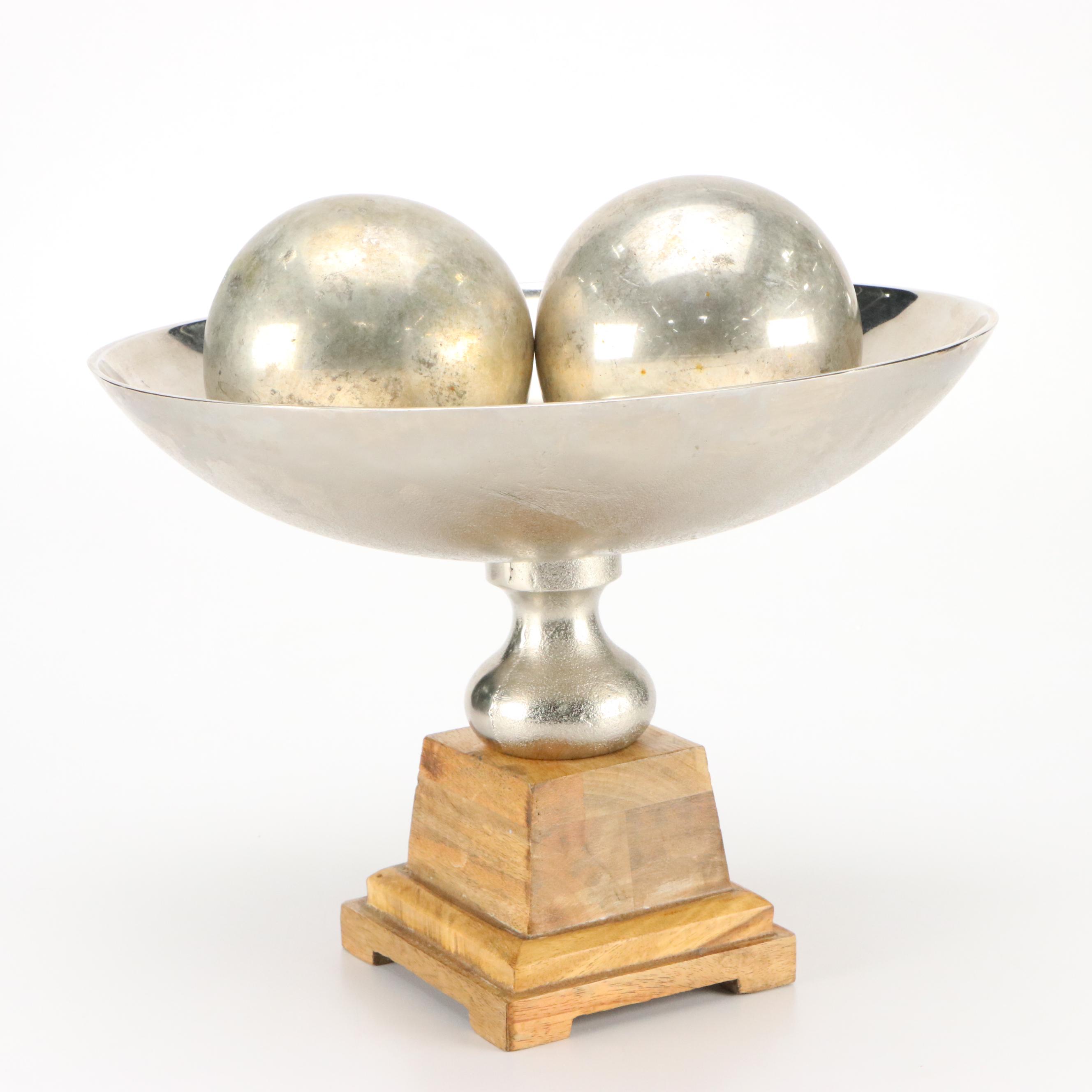 Indian Teakwood and Metal Pedestal Bowl with Decorative Metal Spheres