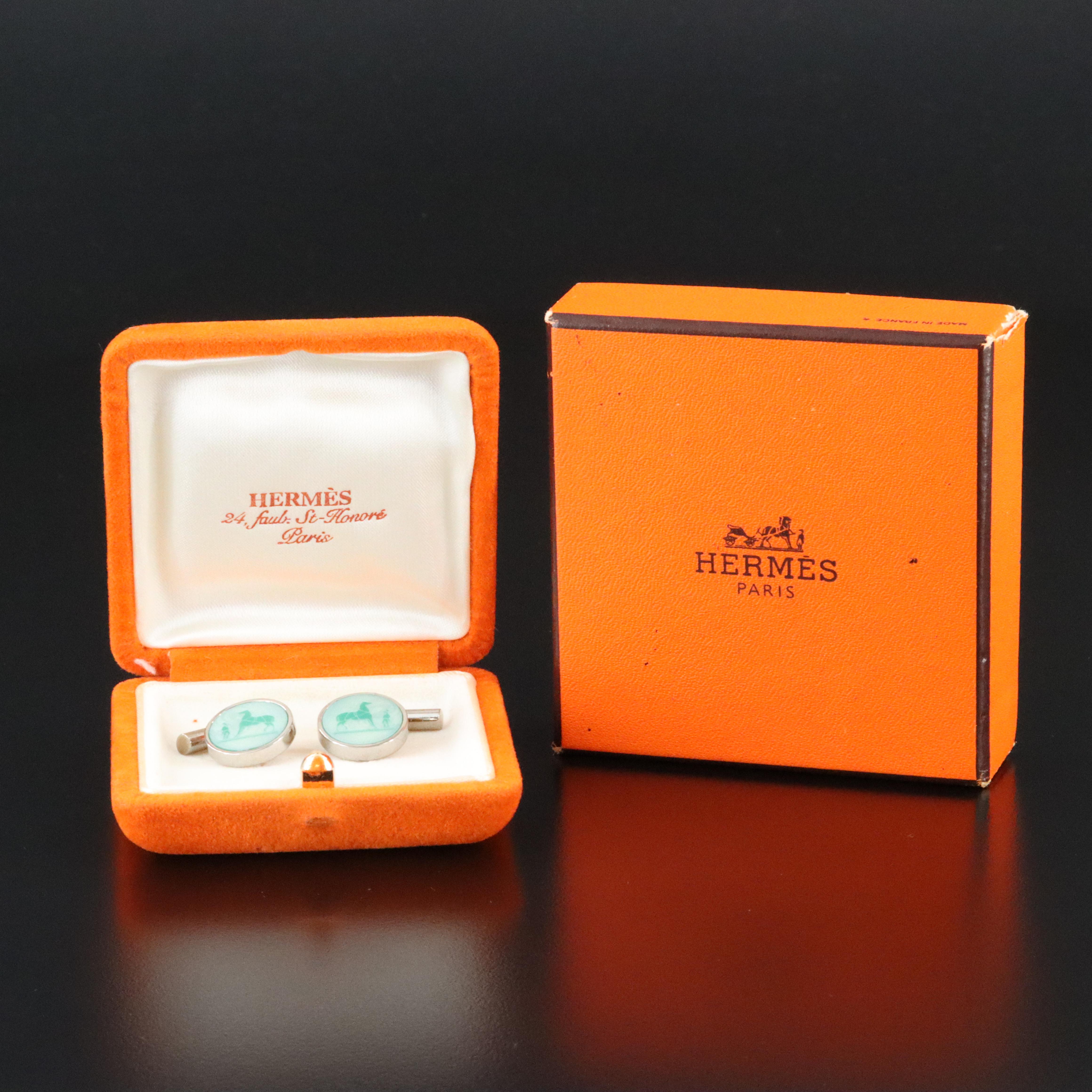 Hermès Horse and Rider Etched Glass Cufflinks