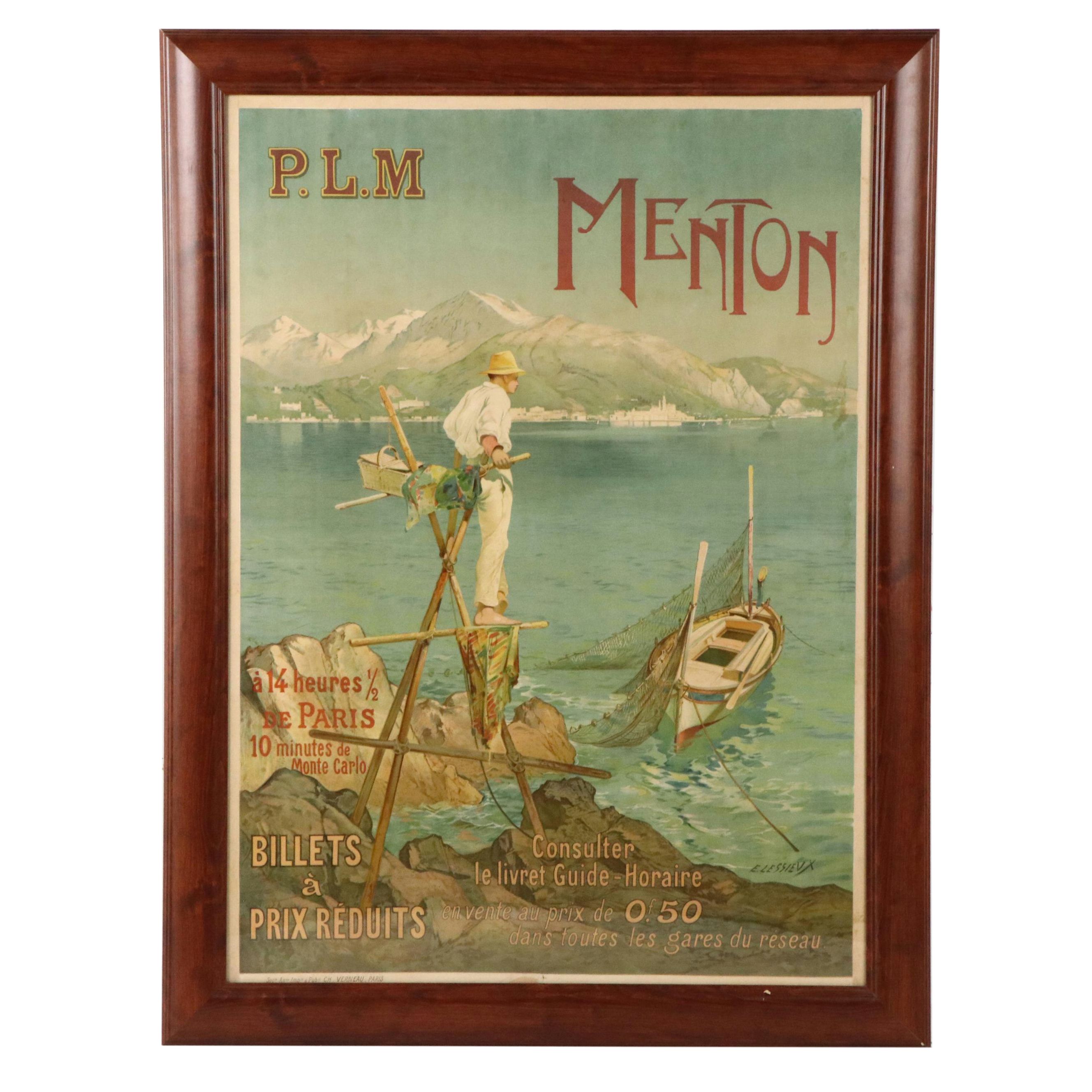 Emile Lessieux Lithograph "Menton" Belle-Epoque Travel Poster, Circa 1905