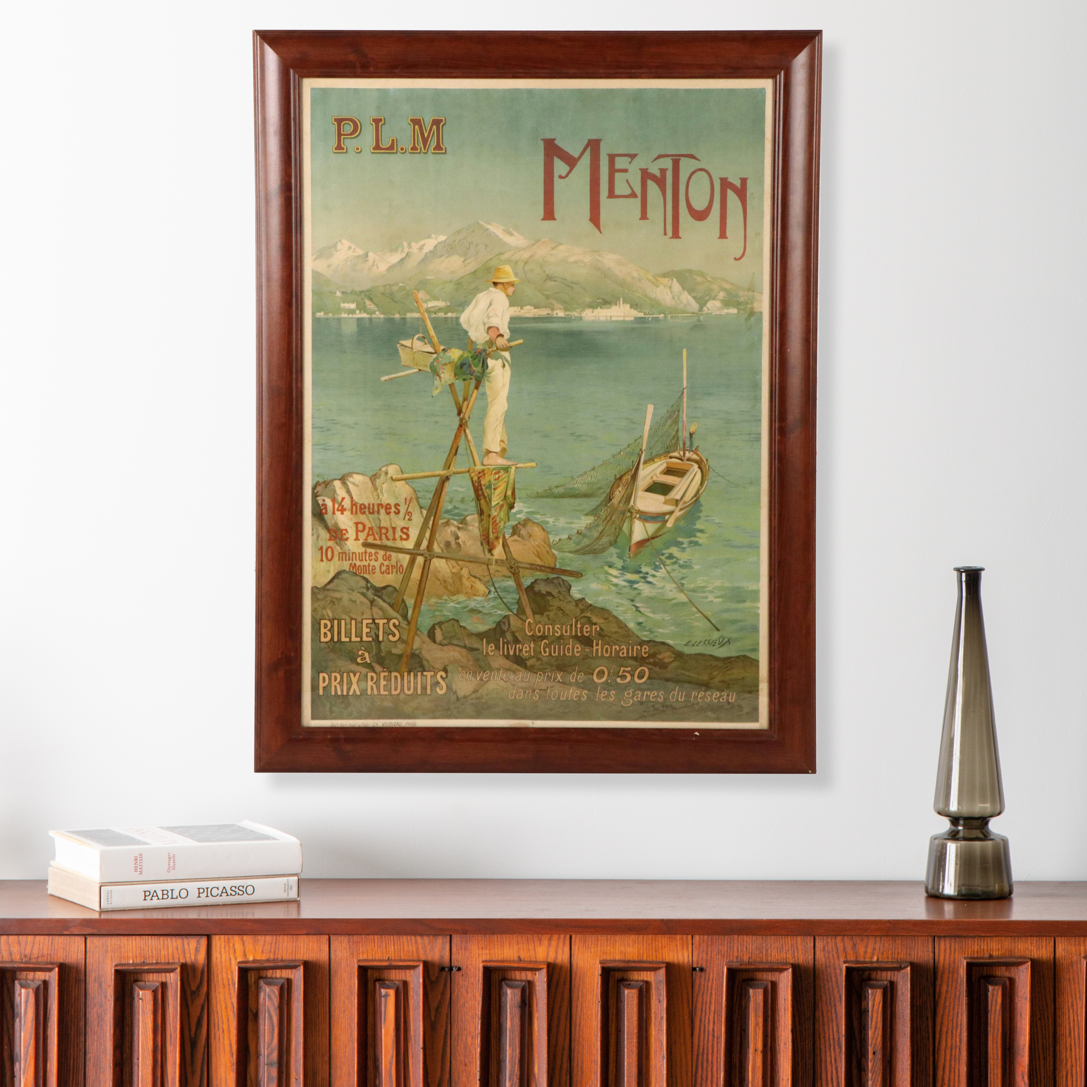 Emile Lessieux Lithograph "Menton" Belle-Epoque Travel Poster, Circa 1905