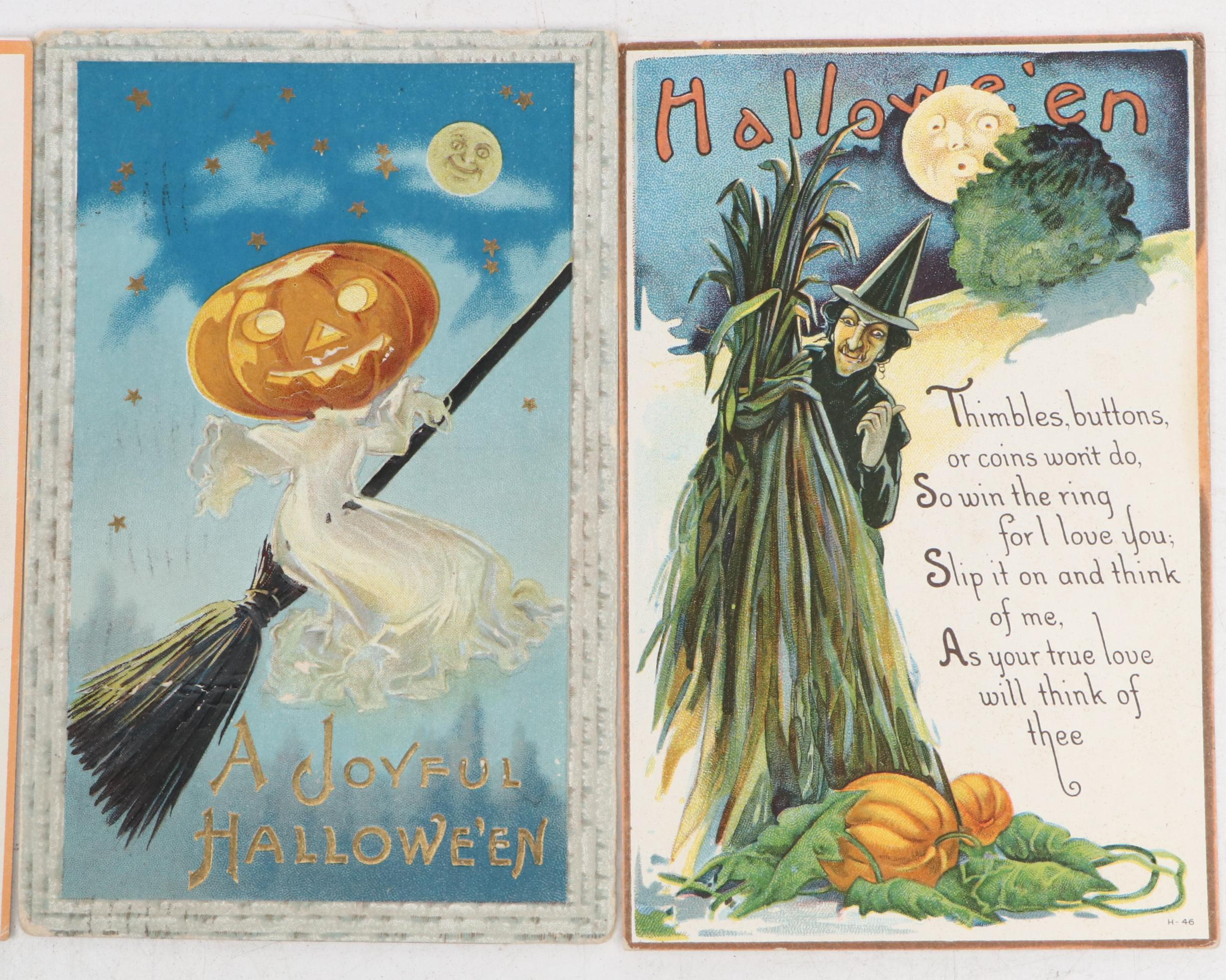 Halloween Witch and Jack-o'-Lantern Postcards, Early 20th Century