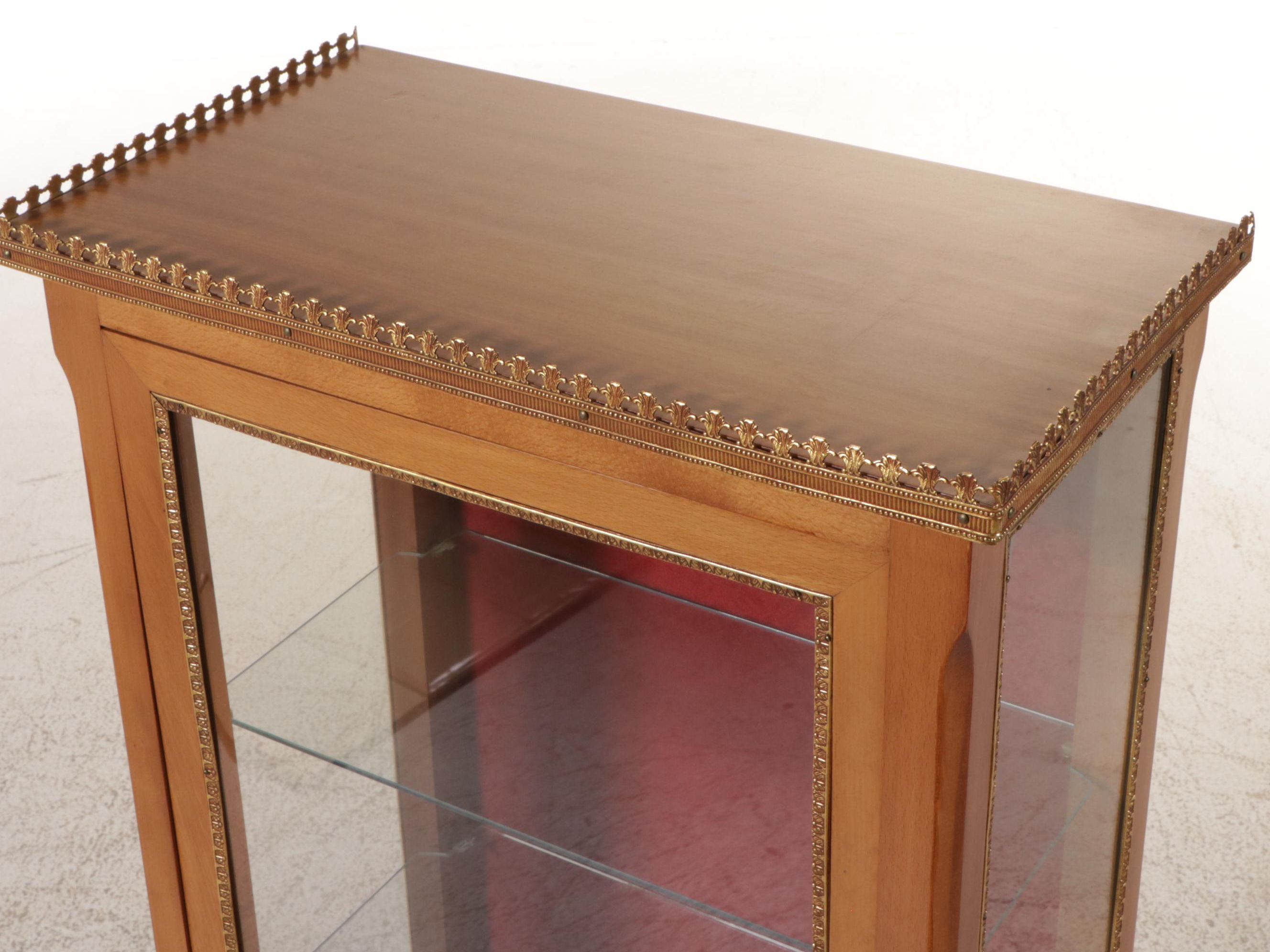French Provincial Walnut Illuminated Curio Cabinet with Brass Accents
