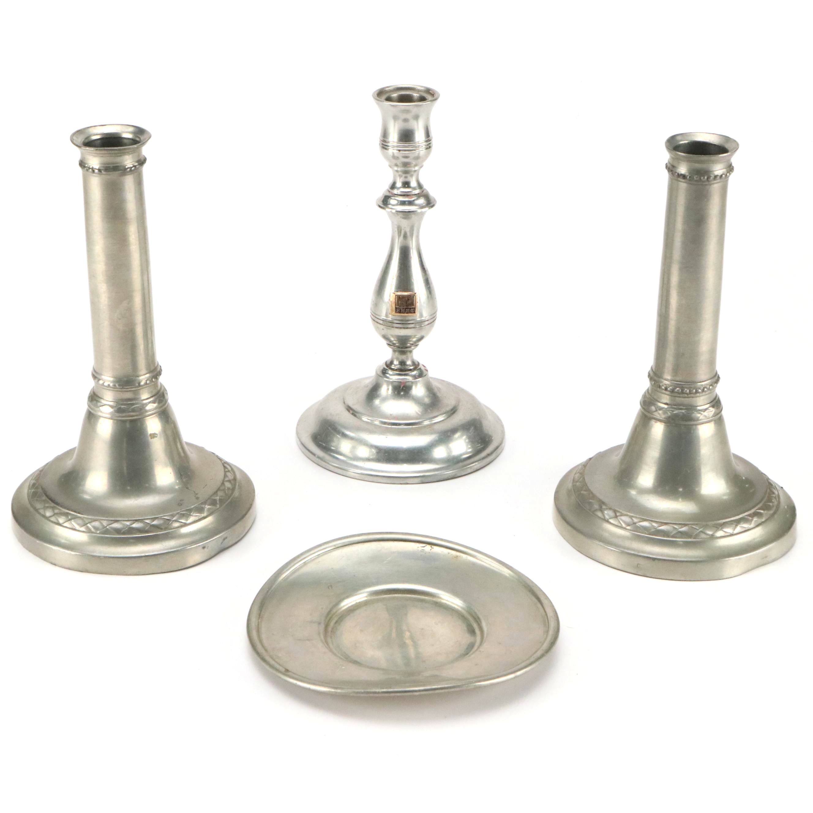 Kirk Stieff and Queen Art Pewterware with Gustavian Candlesticks