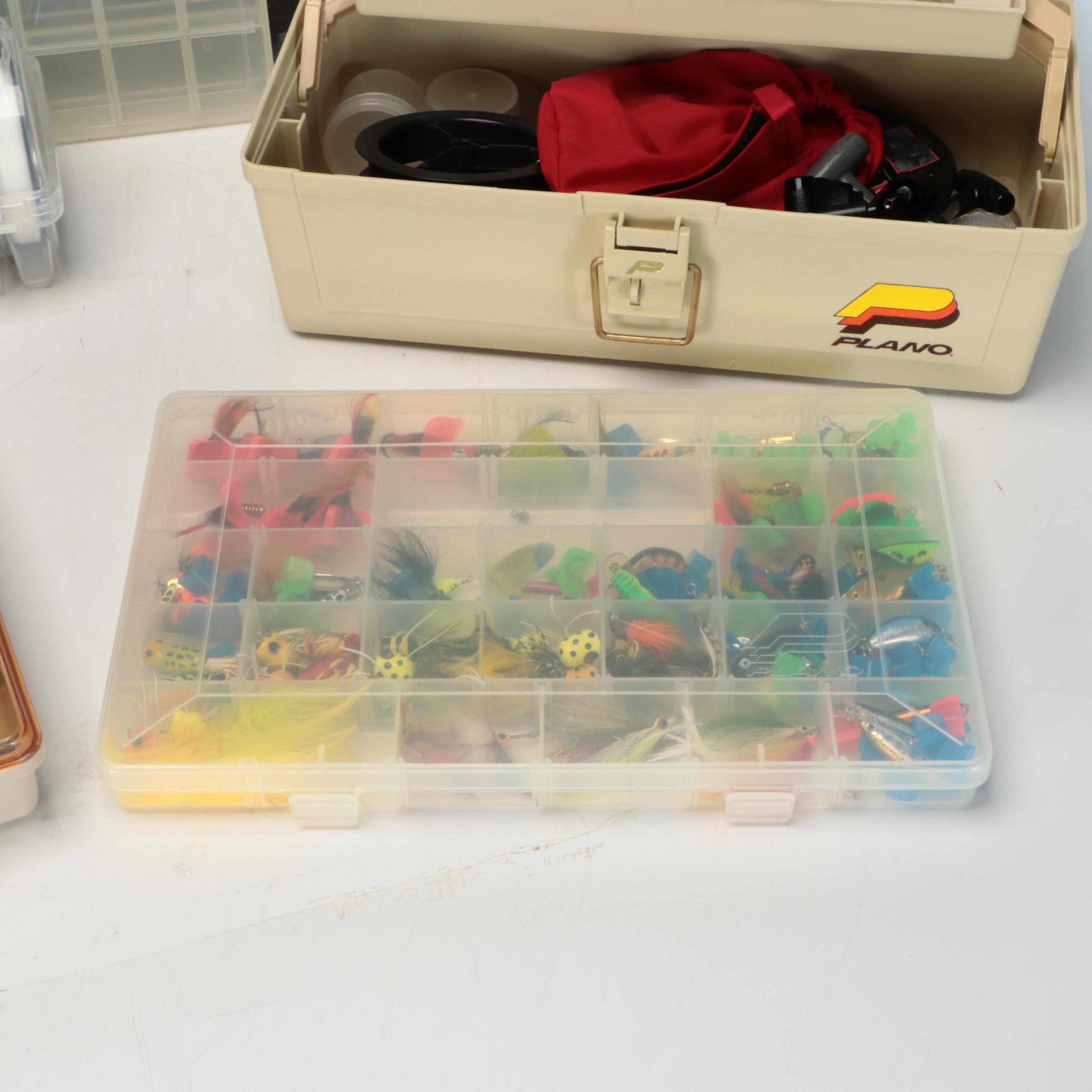 Fishing Tackle Boxes and Storage Containers with Lures, Spinners and Accessories
