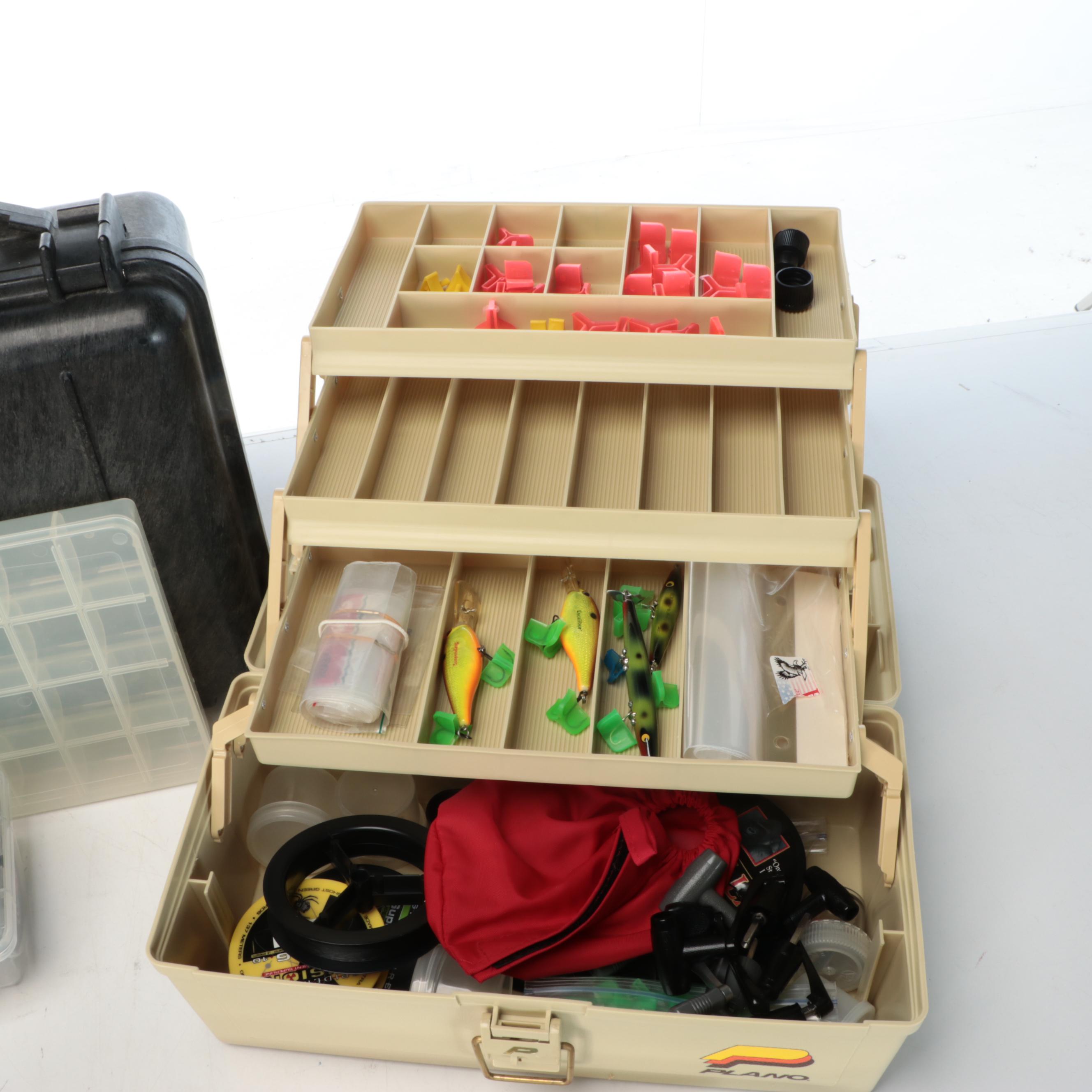 Fishing Tackle Boxes and Storage Containers with Lures, Spinners and Accessories