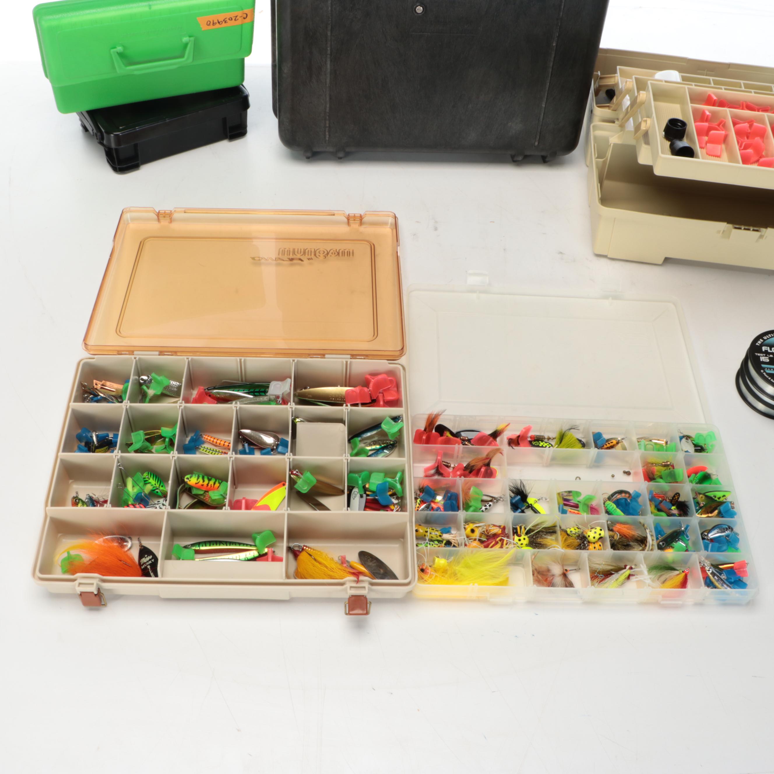 Fishing Tackle Boxes and Storage Containers with Lures, Spinners and Accessories