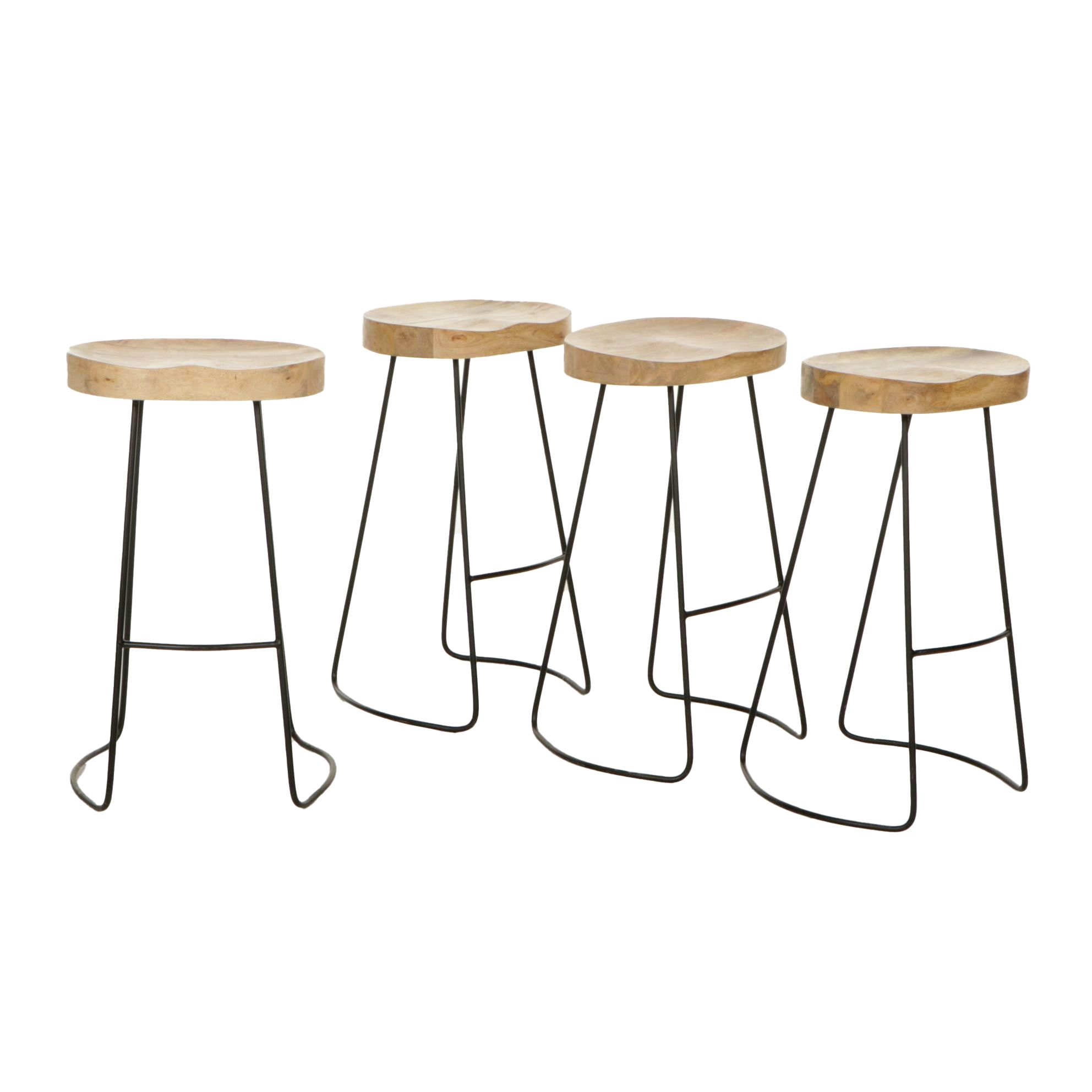 Contemporary Metal Framed Barstools with Wood Seats, Set of Four