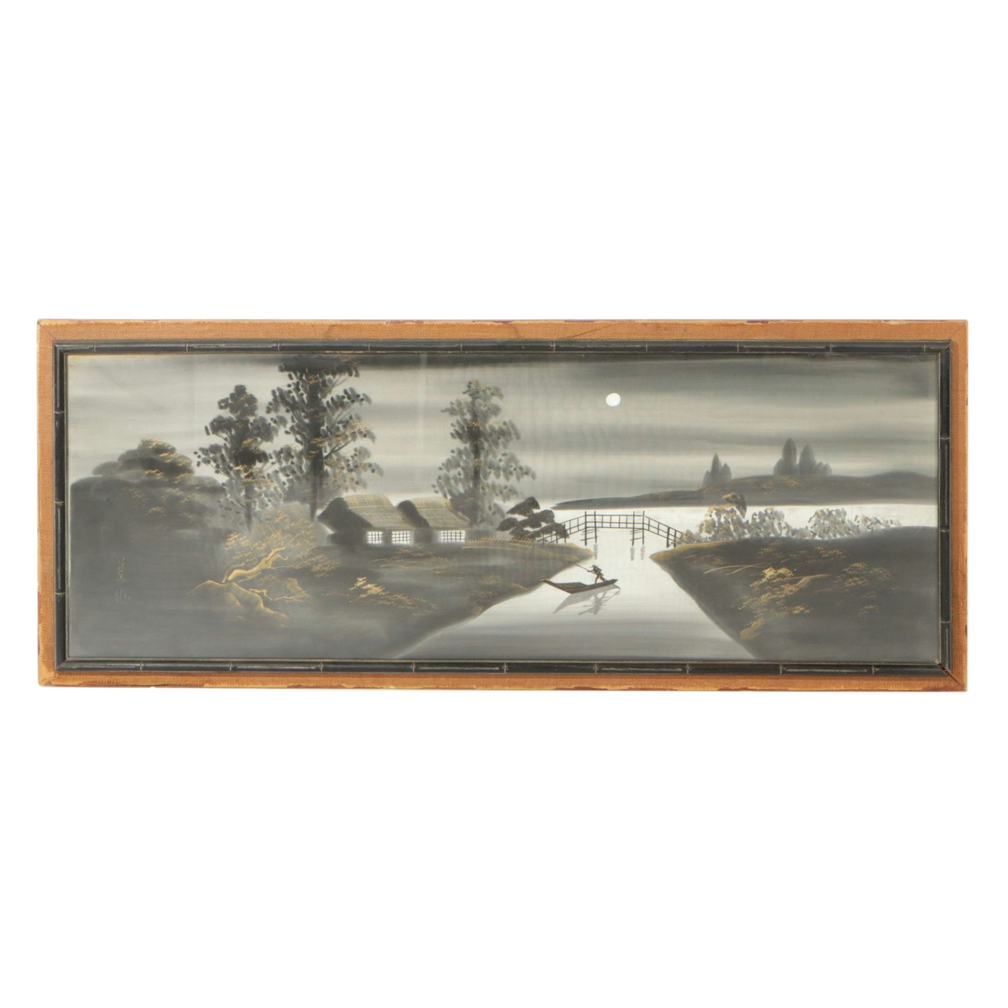 Chinese Watercolor & Gouache River Landscape Painting on Silk, Mid 20th Century
