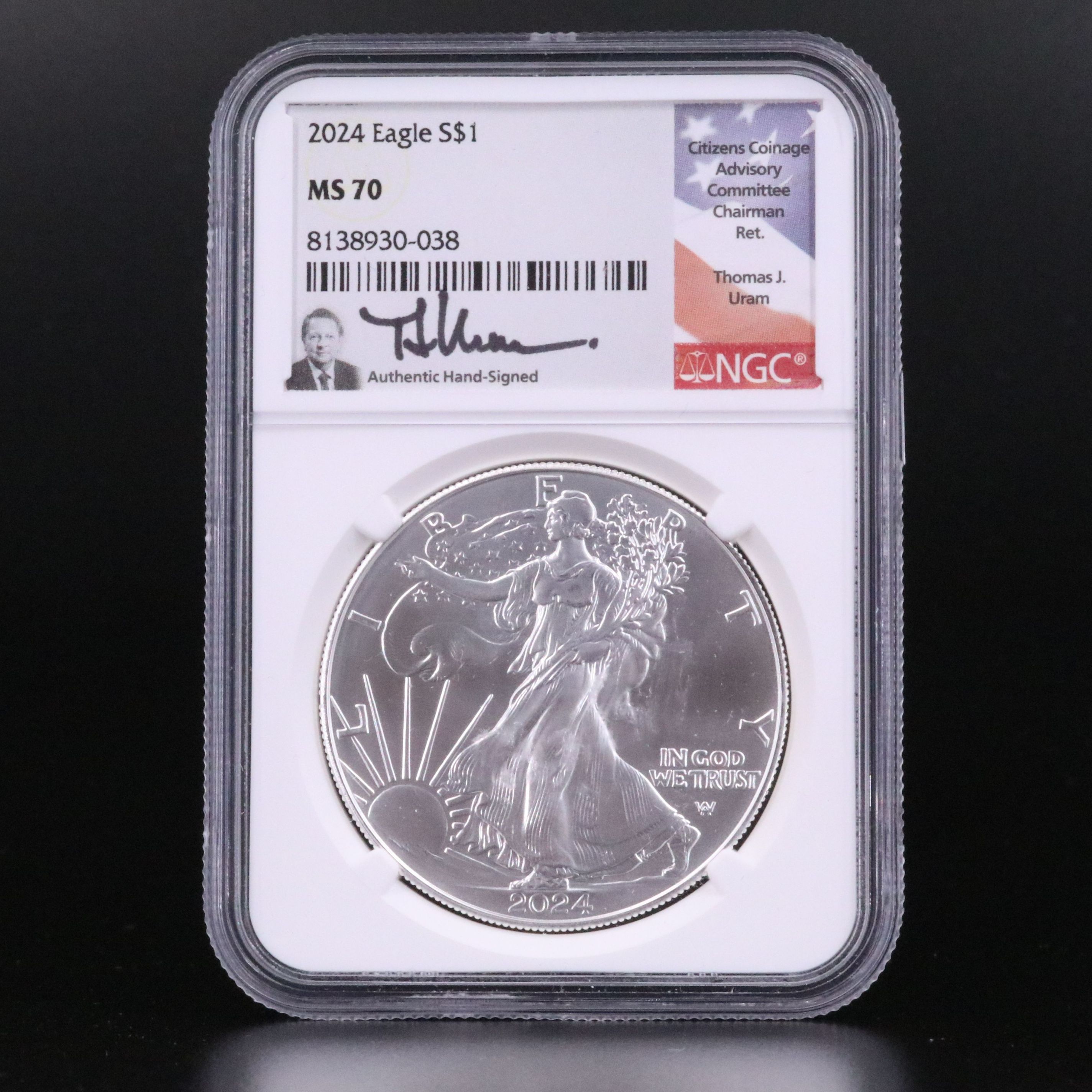 NGC Graded MS70 2024 $1 U.S. Silver Eagle Signed by Uram