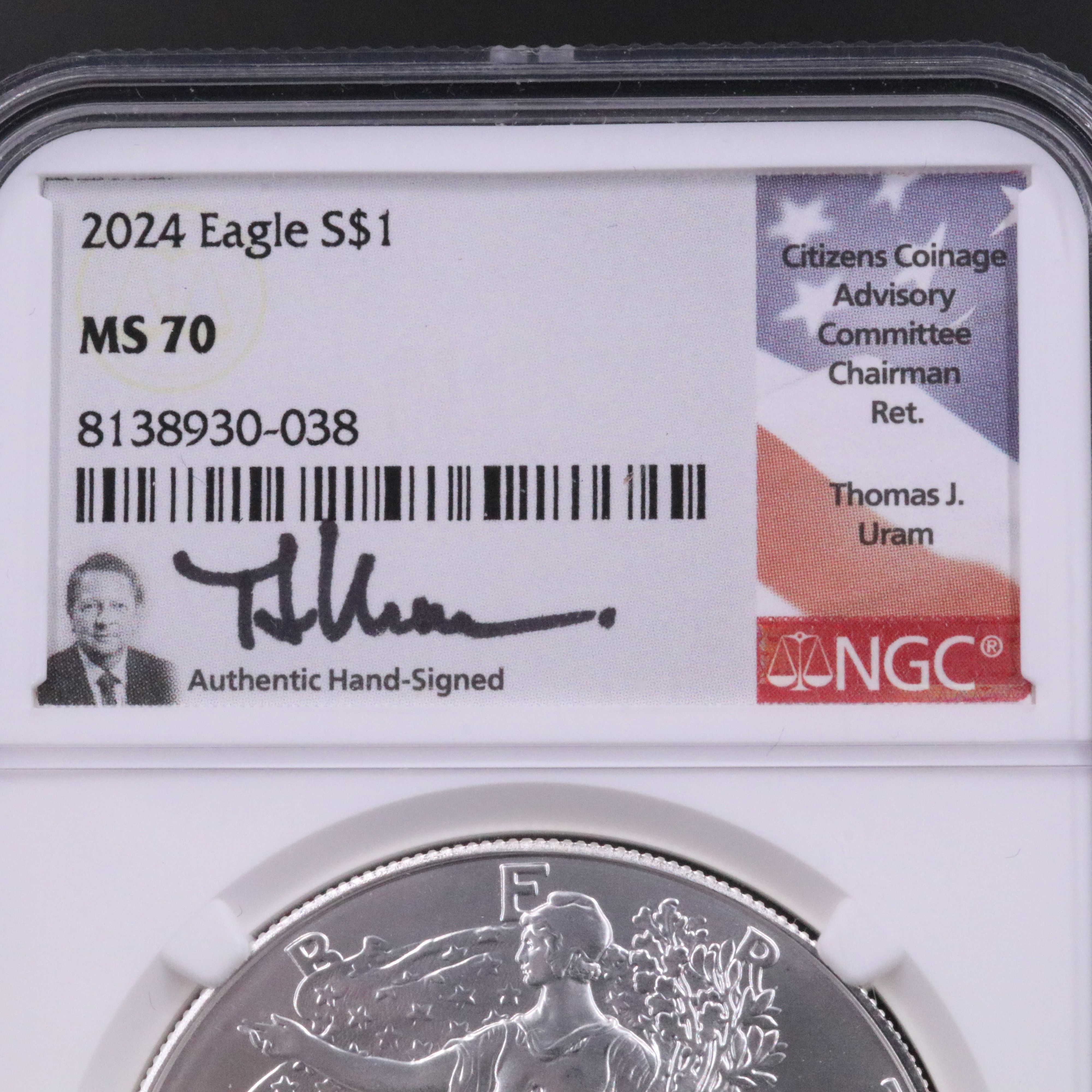 NGC Graded MS70 2024 $1 U.S. Silver Eagle Signed by Uram