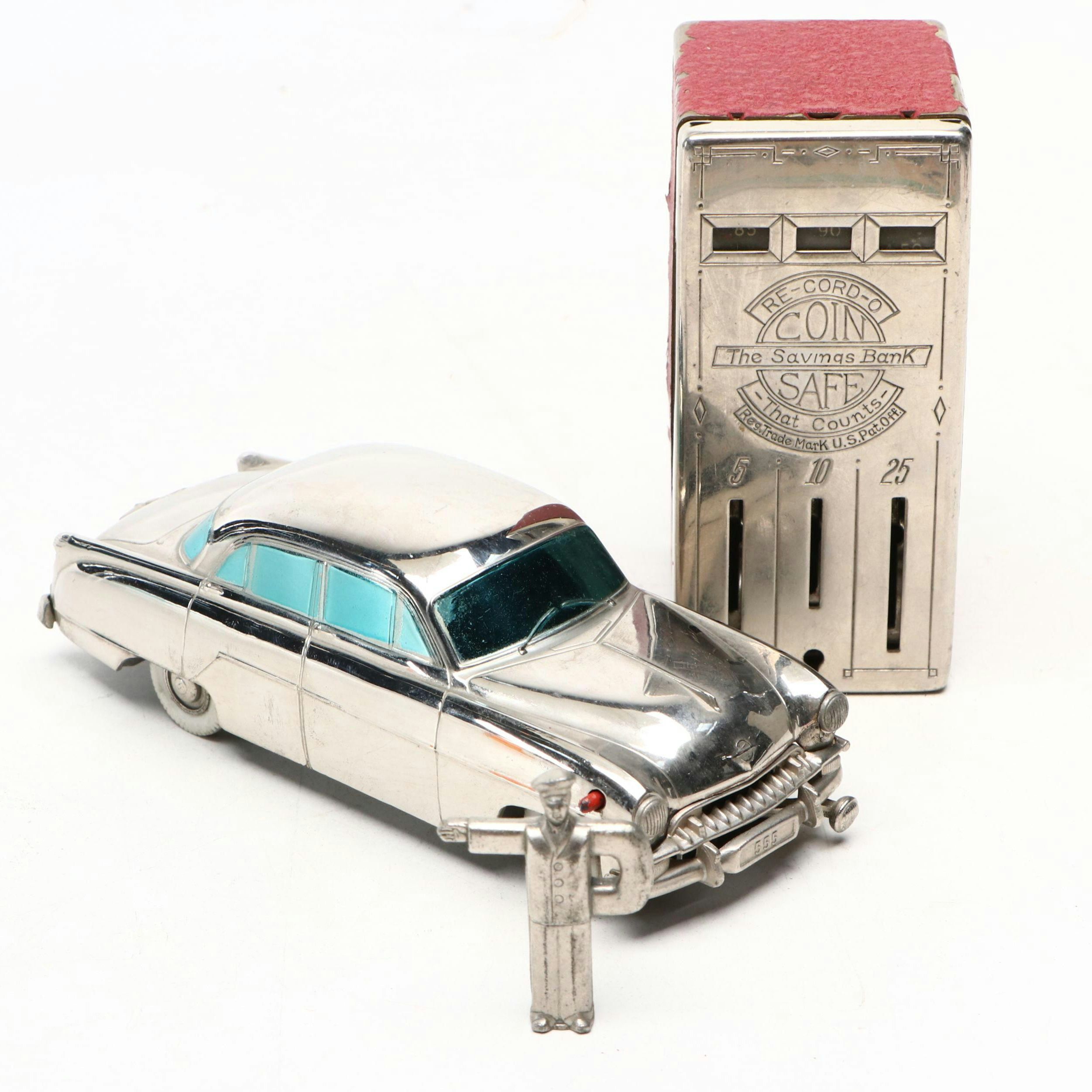 Prameta Opel Kapitan 555 Toy Car and Re-Cord-O Coin Safe, Mid-20th Century