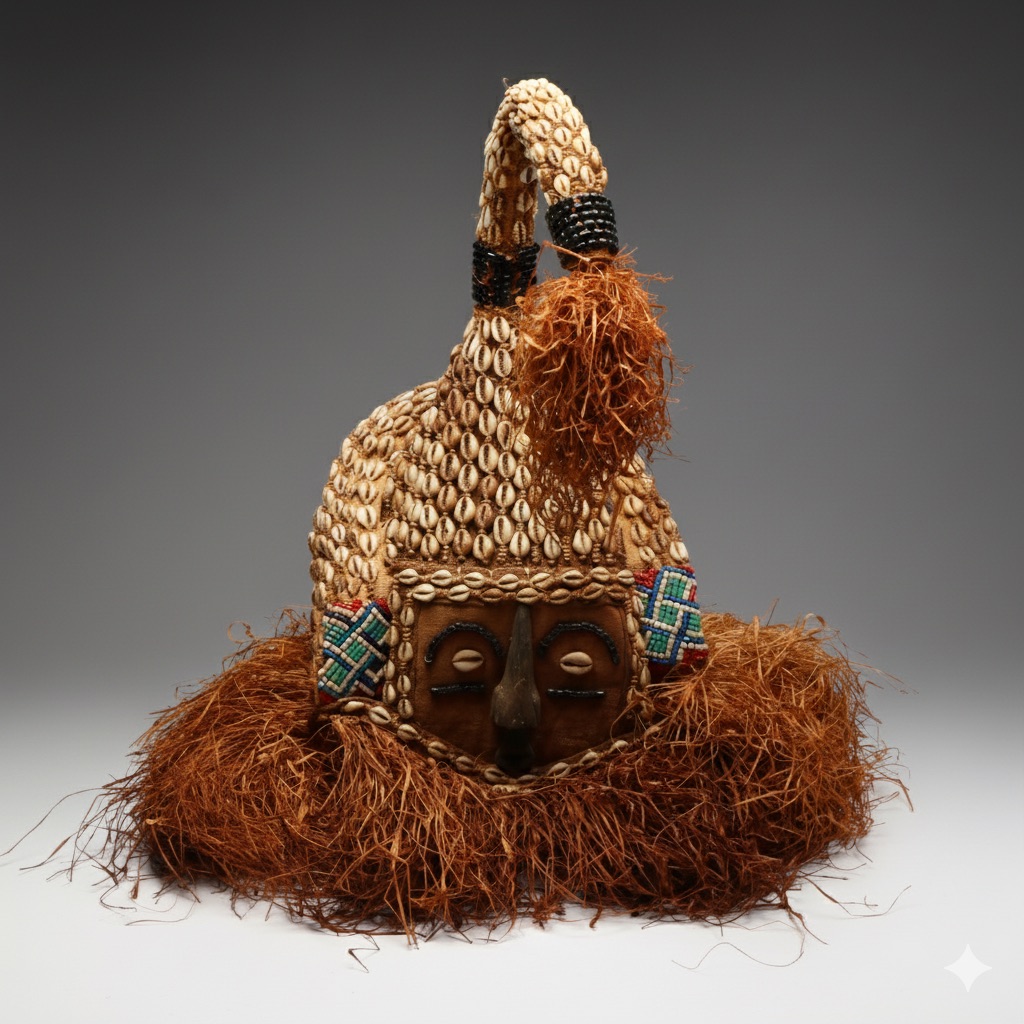 Congolese Northern Kuba Mukenga Raffia Funerary Helmet Mask