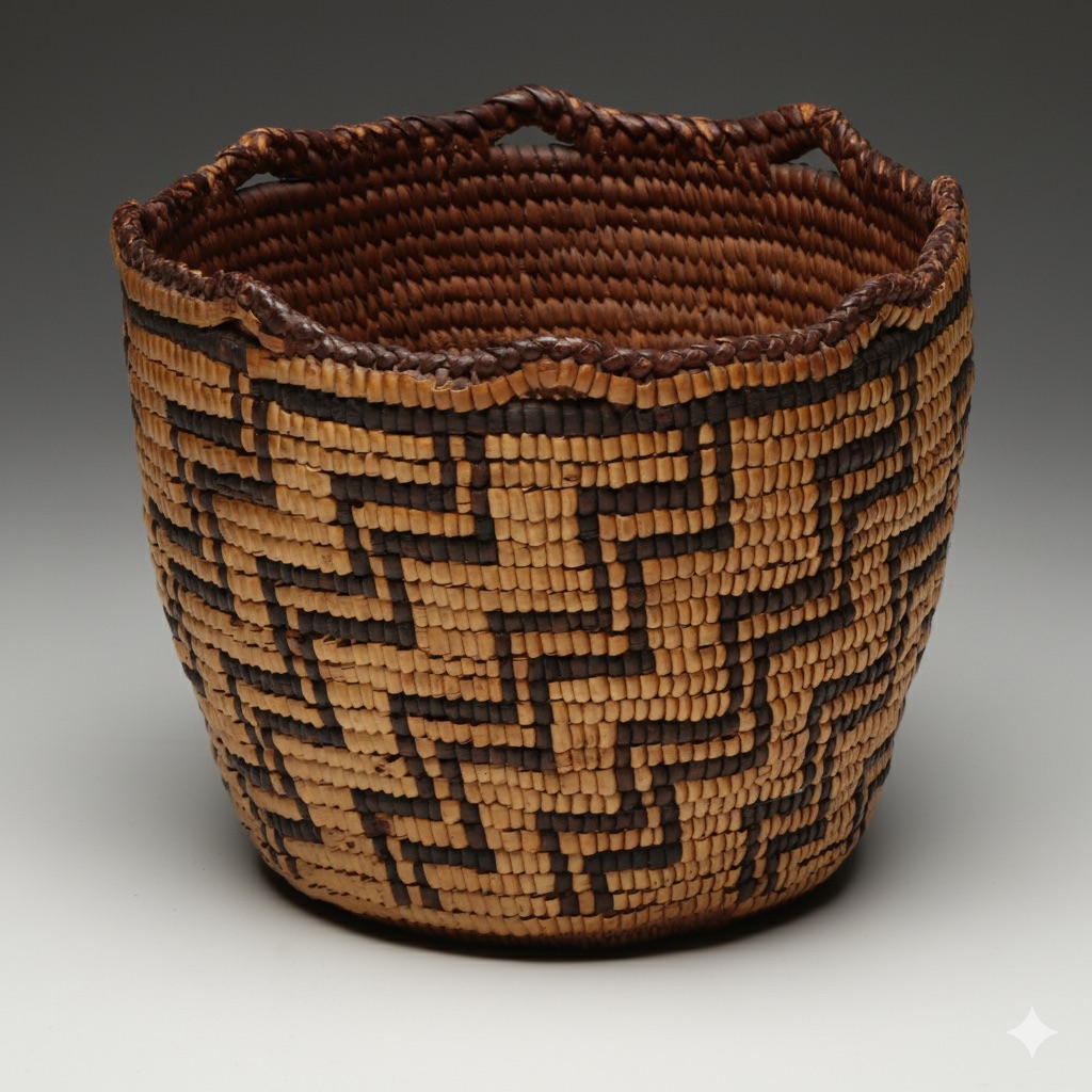 Indigenous Pacific Northwest Coast Coiled Basket with Imbricated, Looped Rim