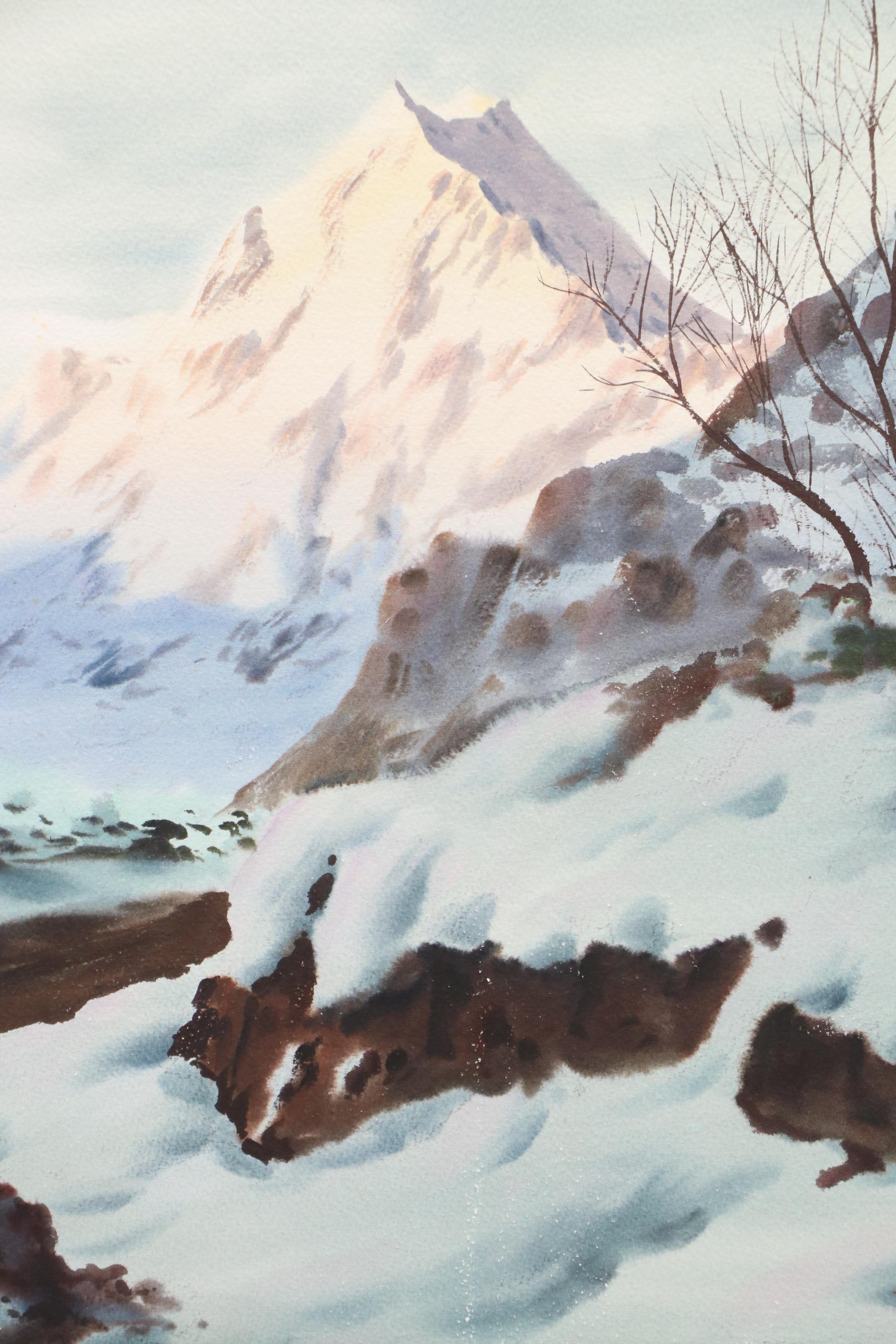 Mariano Ortuzar Winter Landscape Watercolor Painting of New Zealand's Mt. Cook