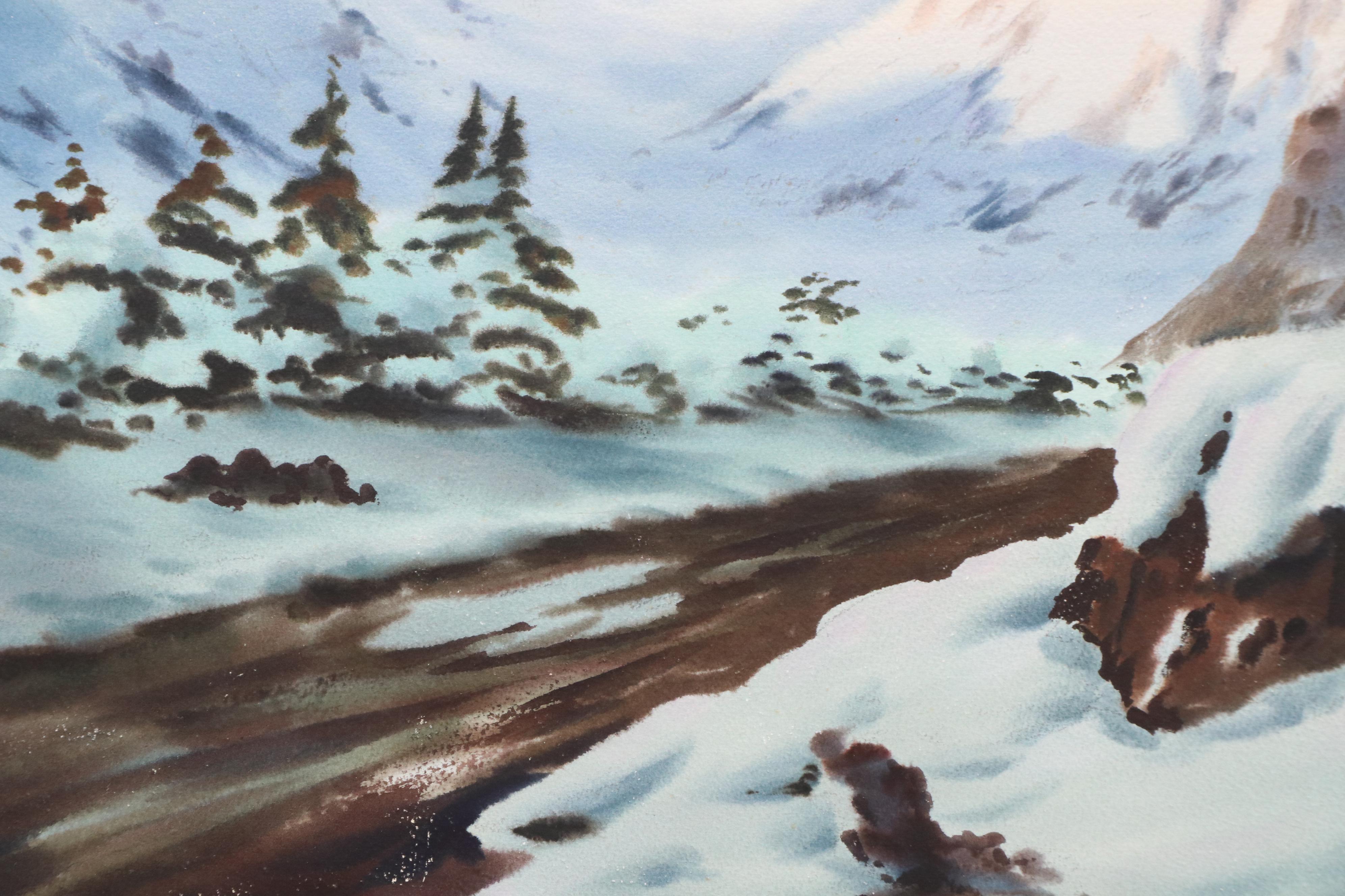 Mariano Ortuzar Winter Landscape Watercolor Painting of New Zealand's Mt. Cook