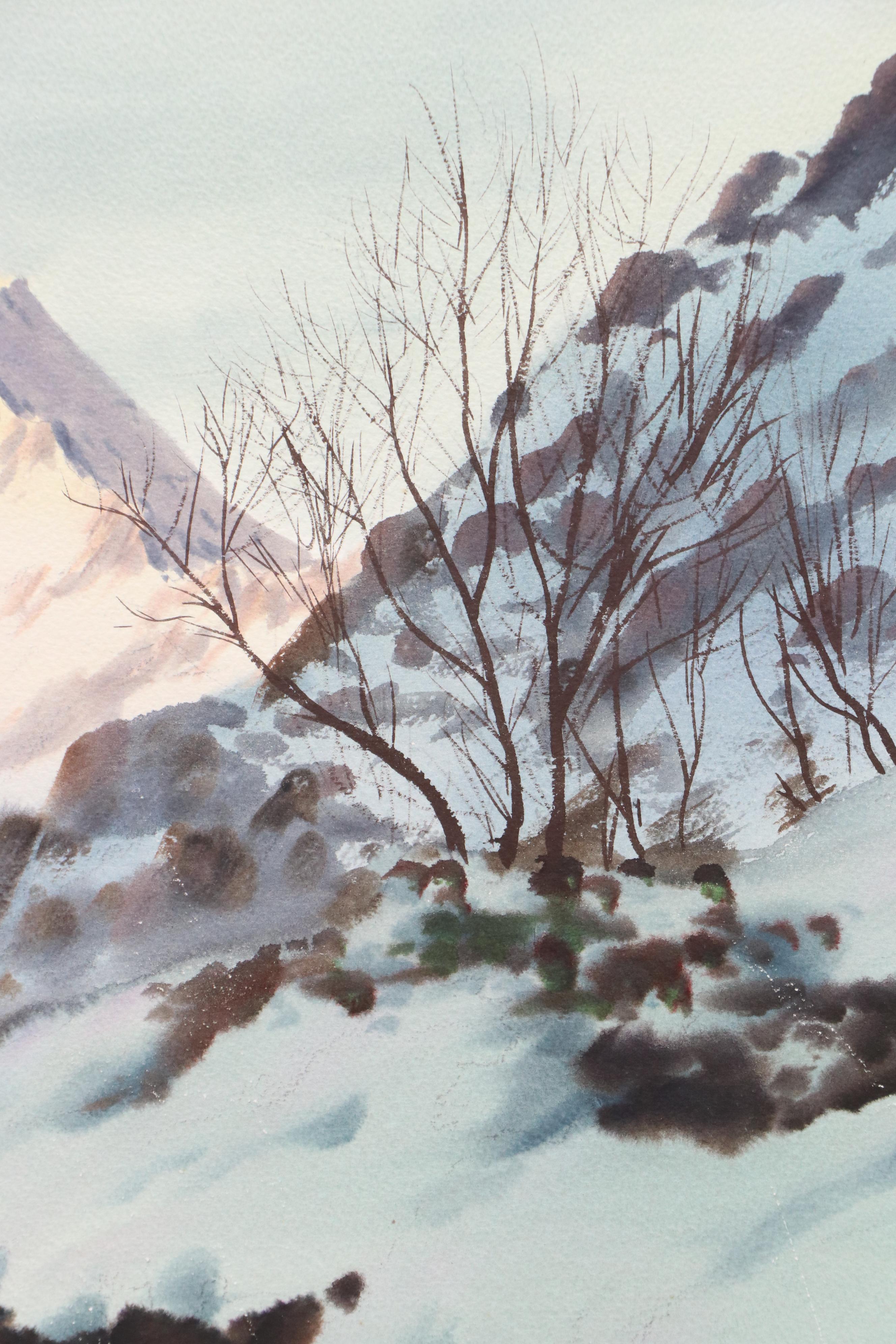 Mariano Ortuzar Winter Landscape Watercolor Painting of New Zealand's Mt. Cook