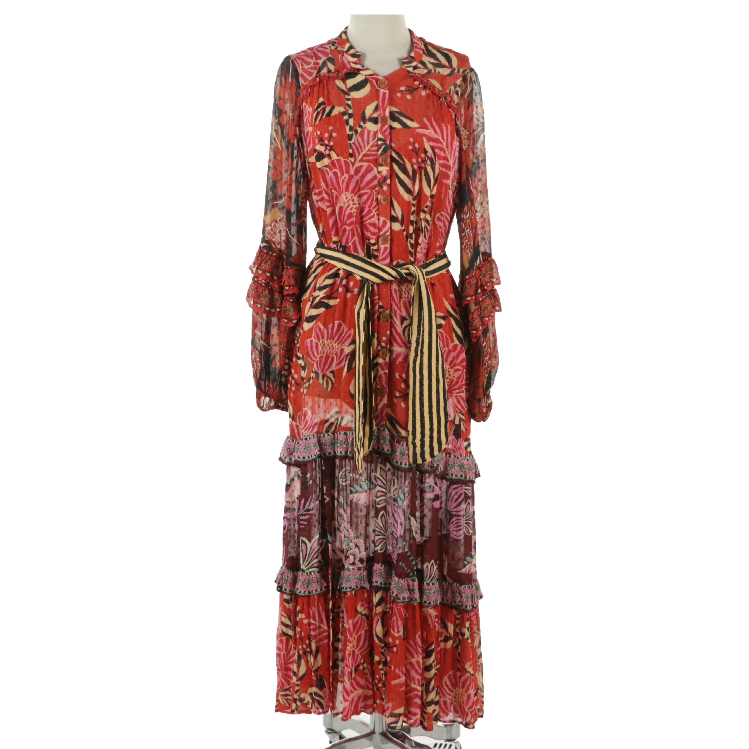 Farm Rio Mixed Floral Print Long Sleeve Maxi Dress