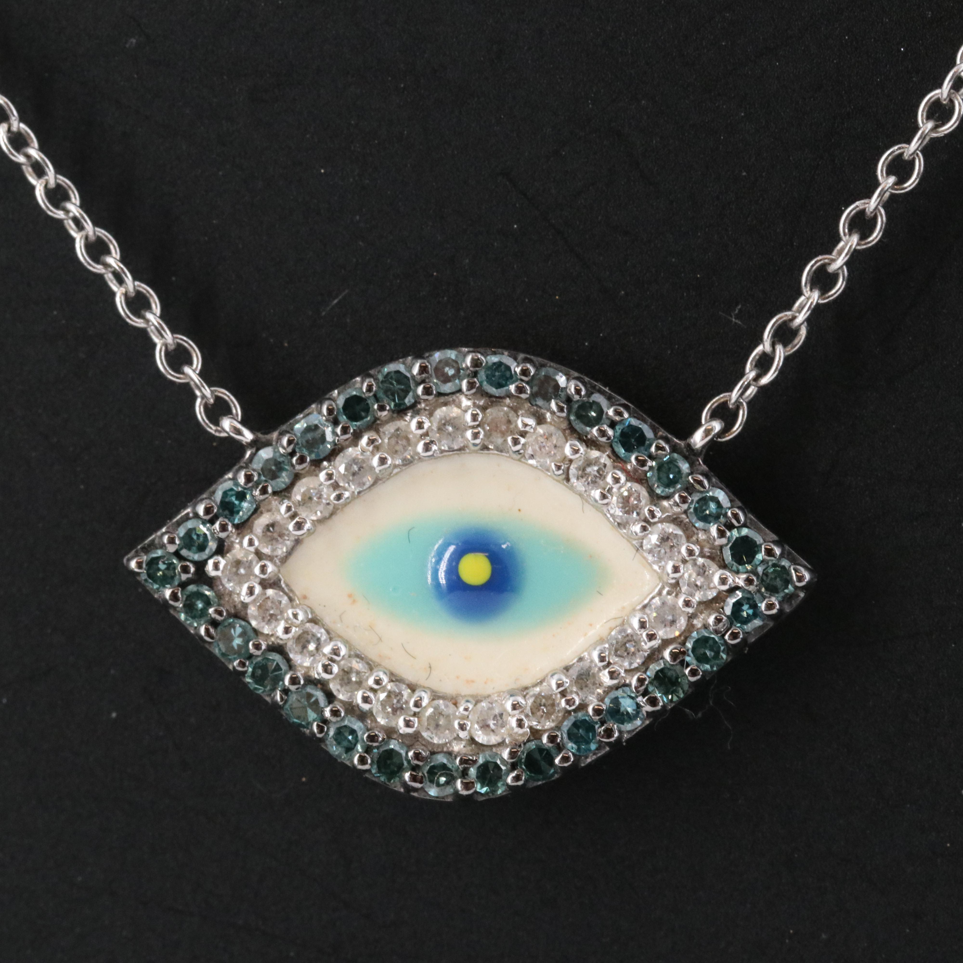 14K Diamond Evil Eye Necklace Featuring Lab Grown Fancy Blue